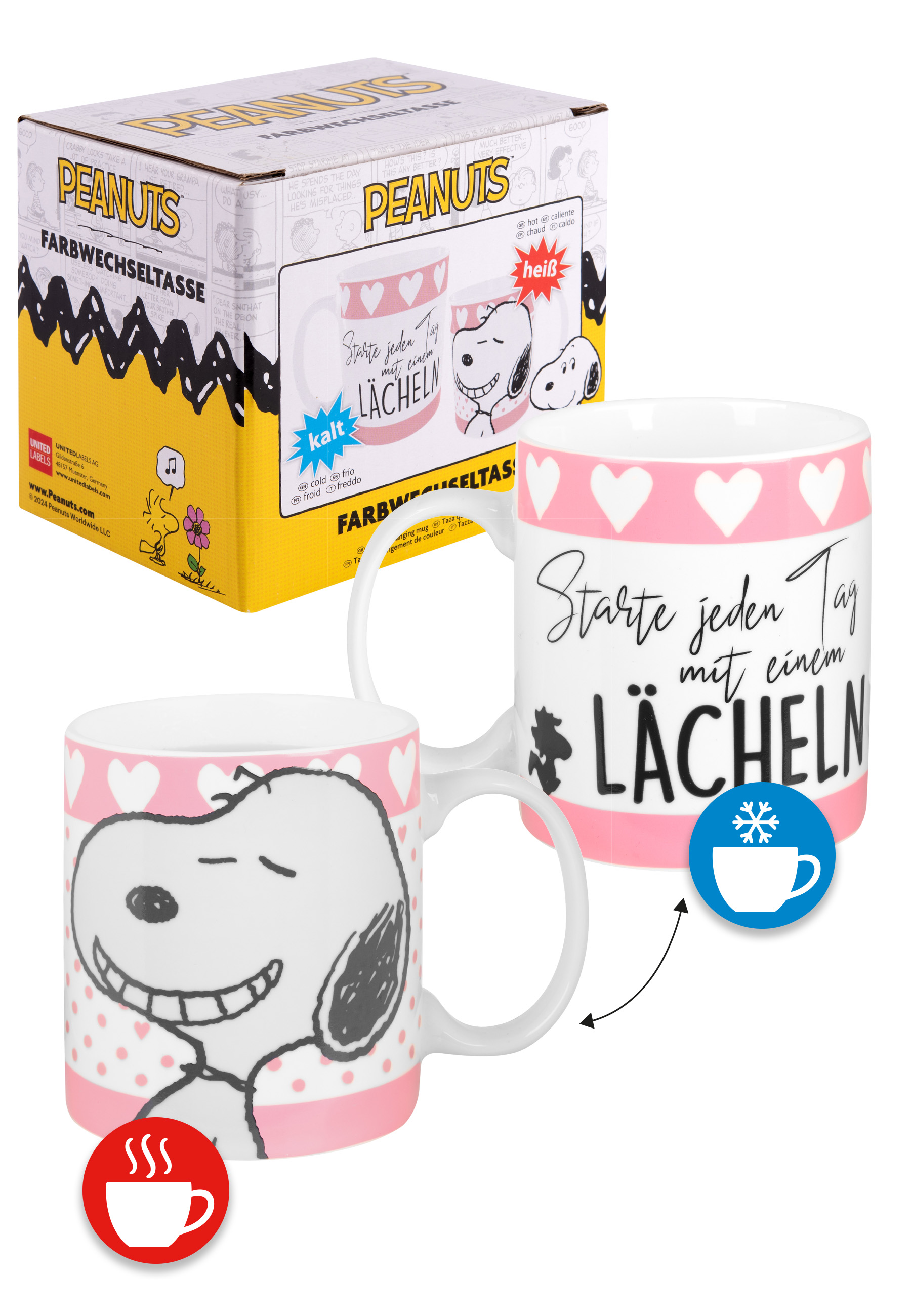 Snoopy-Tasse mit Herzen und Text. Farbwechsel bei Erhitzung, Snoopy lächelt.