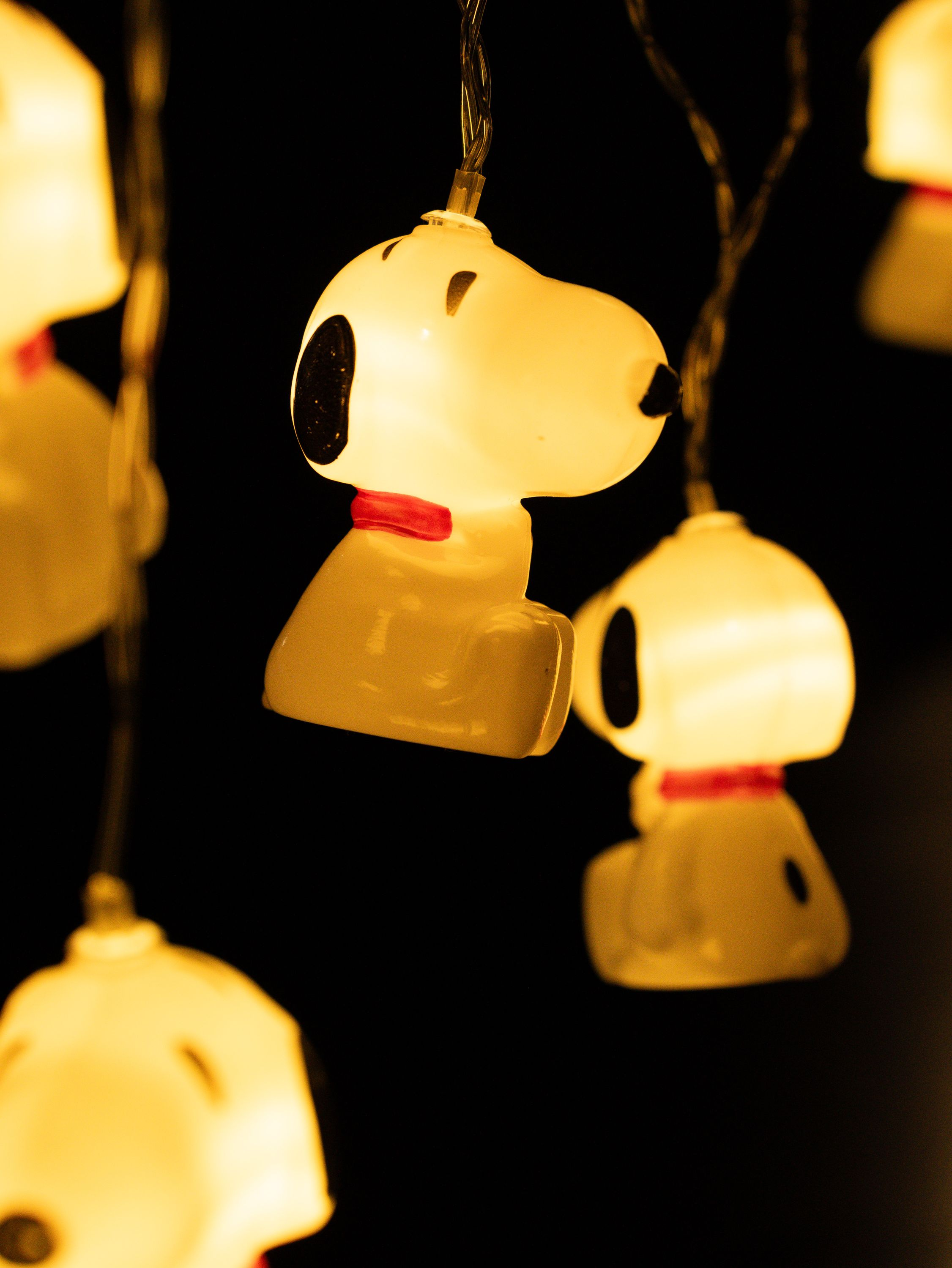 Lichterketten mit Snoopy-förmigen Glühbirnen, die gelb vor dunklem Hintergrund leuchten. Jede hat ein rotes Halsband.