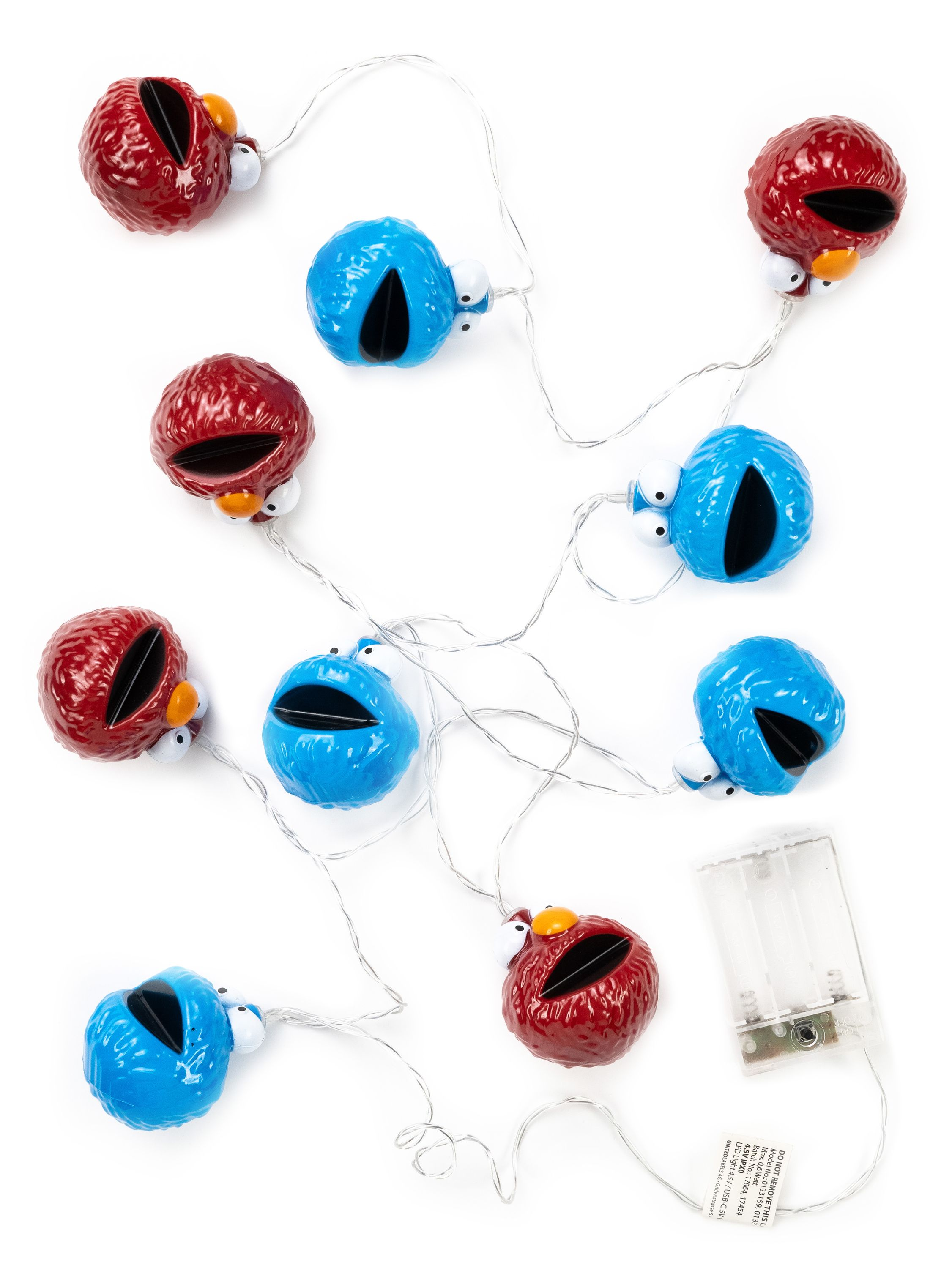 Lichterkette mit Elmo- und Krümelmonster-Lichtern. Rote und blaue Charakterlichter auf weißem Untergrund.