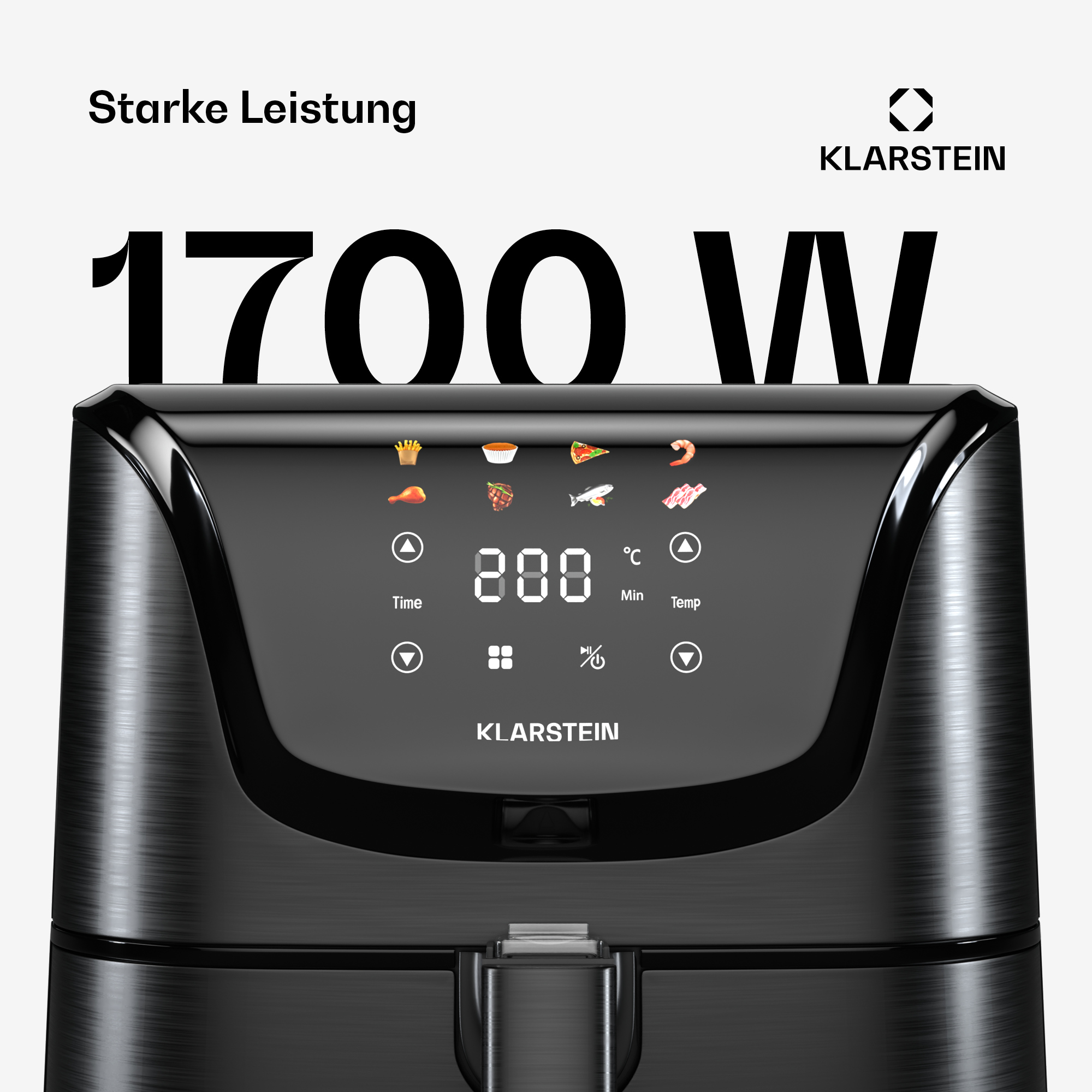 Una friggitrice ad aria nera con un display digitale che mostra le impostazioni di cottura. Il testo recita '1700 W' e 'Klarstein'.