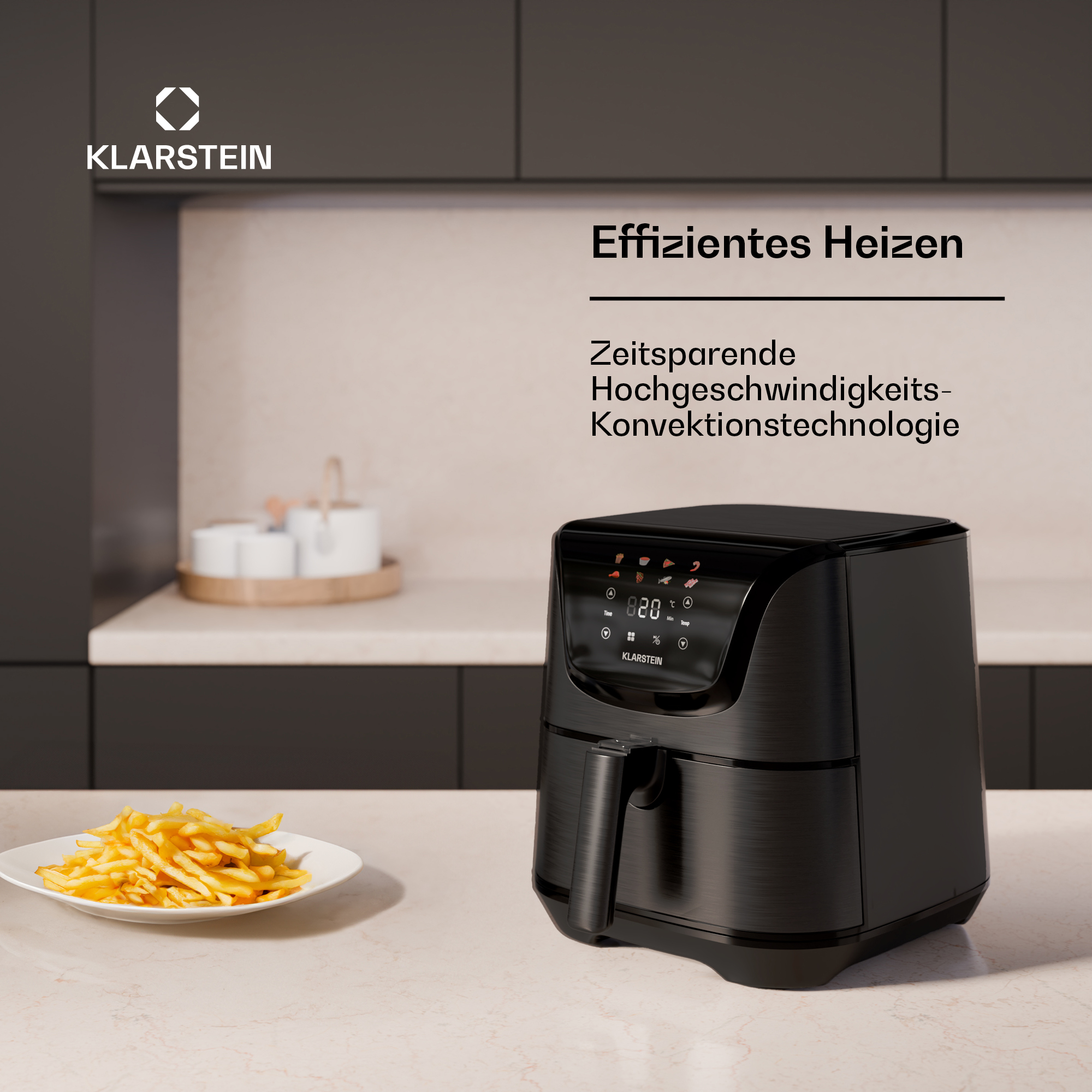 Friggitrice ad aria nera con patatine fritte. Testo: Riscaldamento efficiente. Tecnologia a convezione.