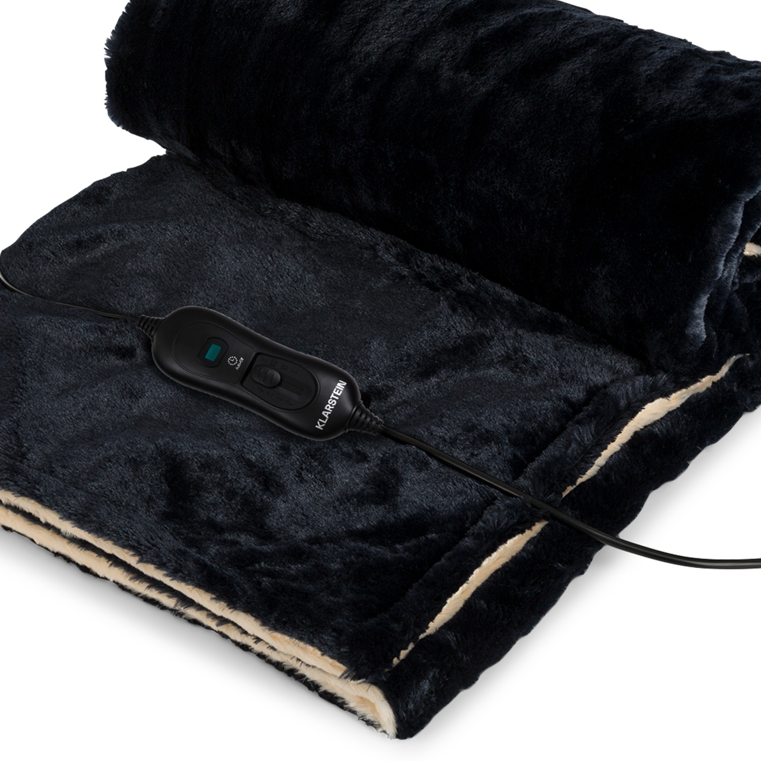 Schwarze Heizdecke mit Steuerung. Schwarz-Beige Farbkombination.