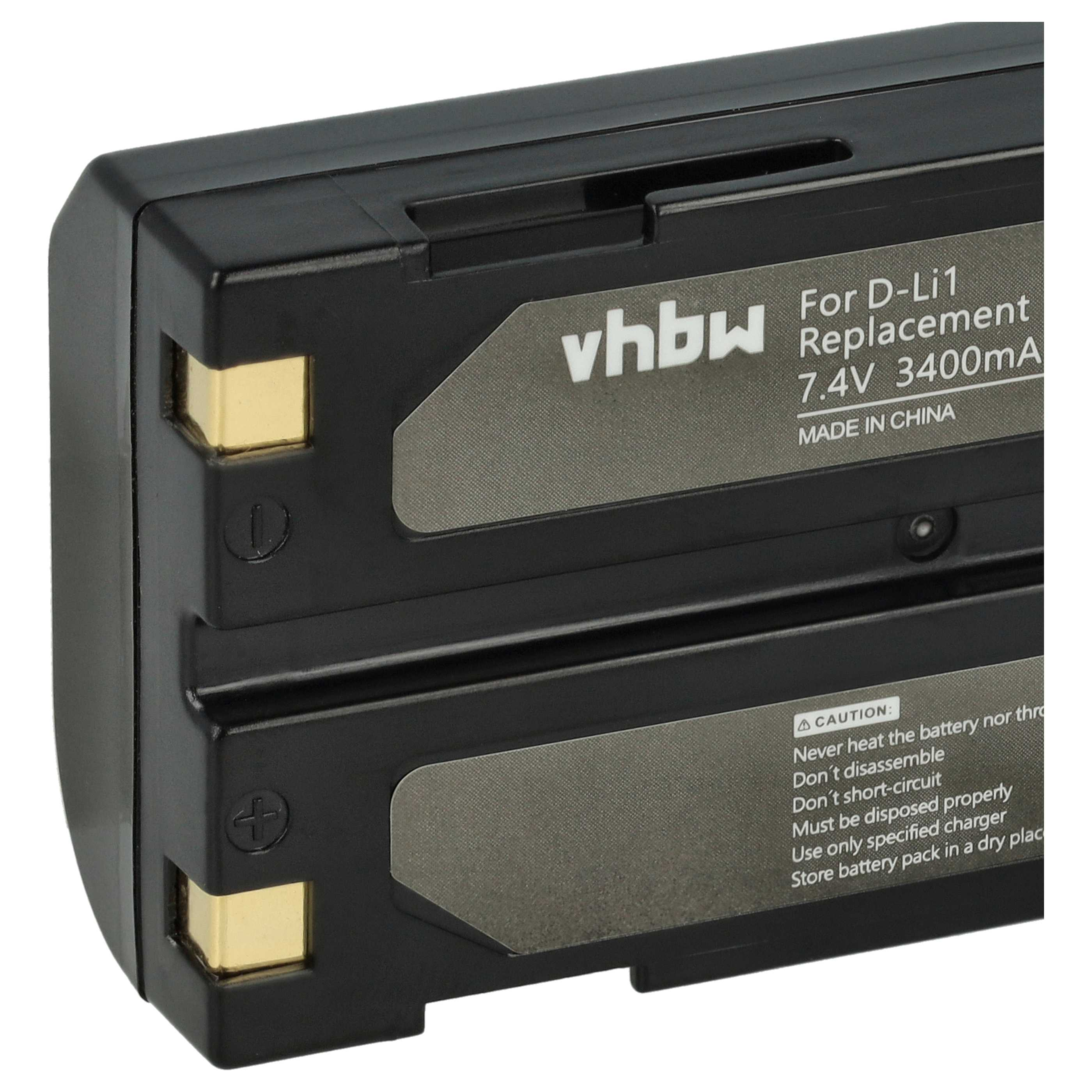 Schwarzer Akku mit Goldkontakten und Text: 'For D-Li1 Replacement 7.4V 3400mA Made in China'.