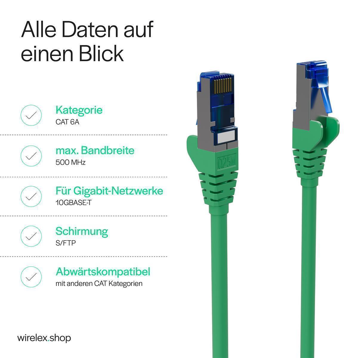 Zwei grüne CAT 6A Ethernet-Kabel. Informationstafel im Hintergrund.