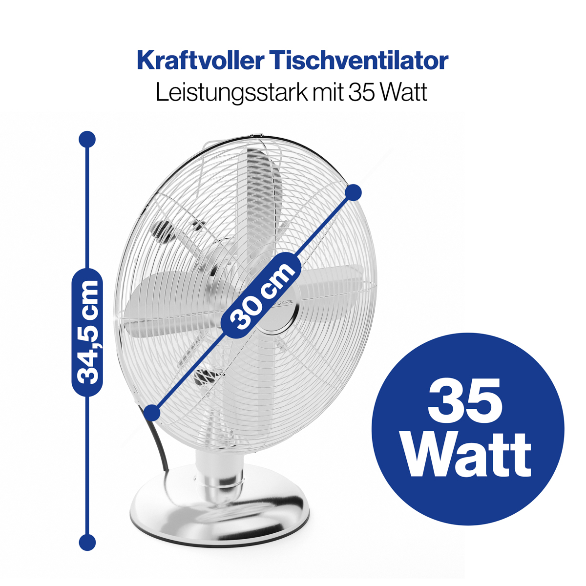 Srebrny wentylator biurkowy z tekstem wskazującym 35 watów. Wymiary podano w cm.