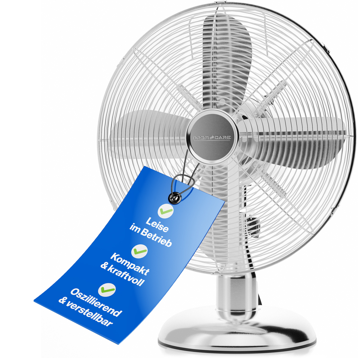 Srebrny wentylator z niebieską etykietą. Etykieta zawiera tekst o cechach wentylatora.