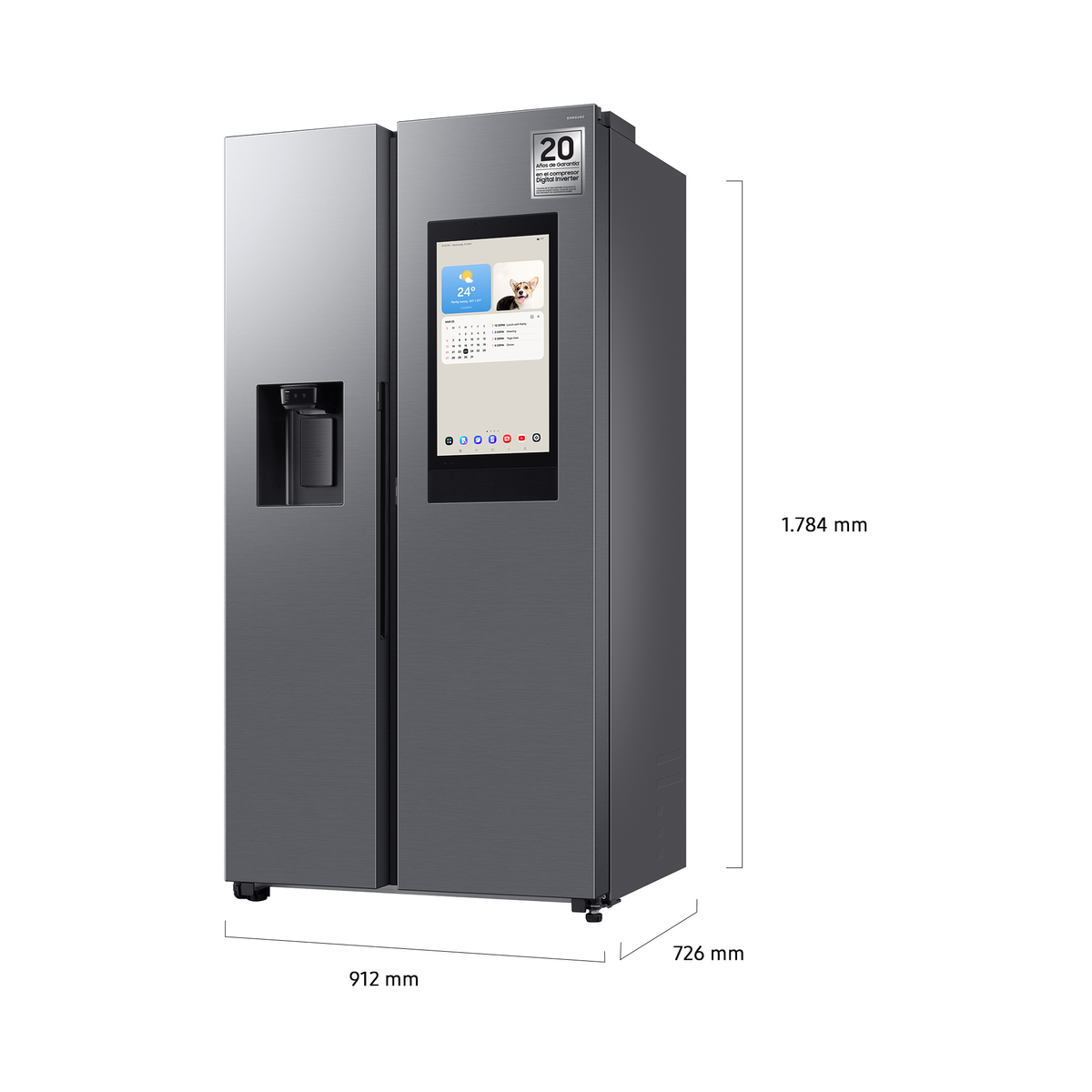 Grauer Samsung-Kühlschrank mit Bildschirm. Abmessungen: 912x726x1784 mm. Ein Spender befindet sich an der linken Tür.