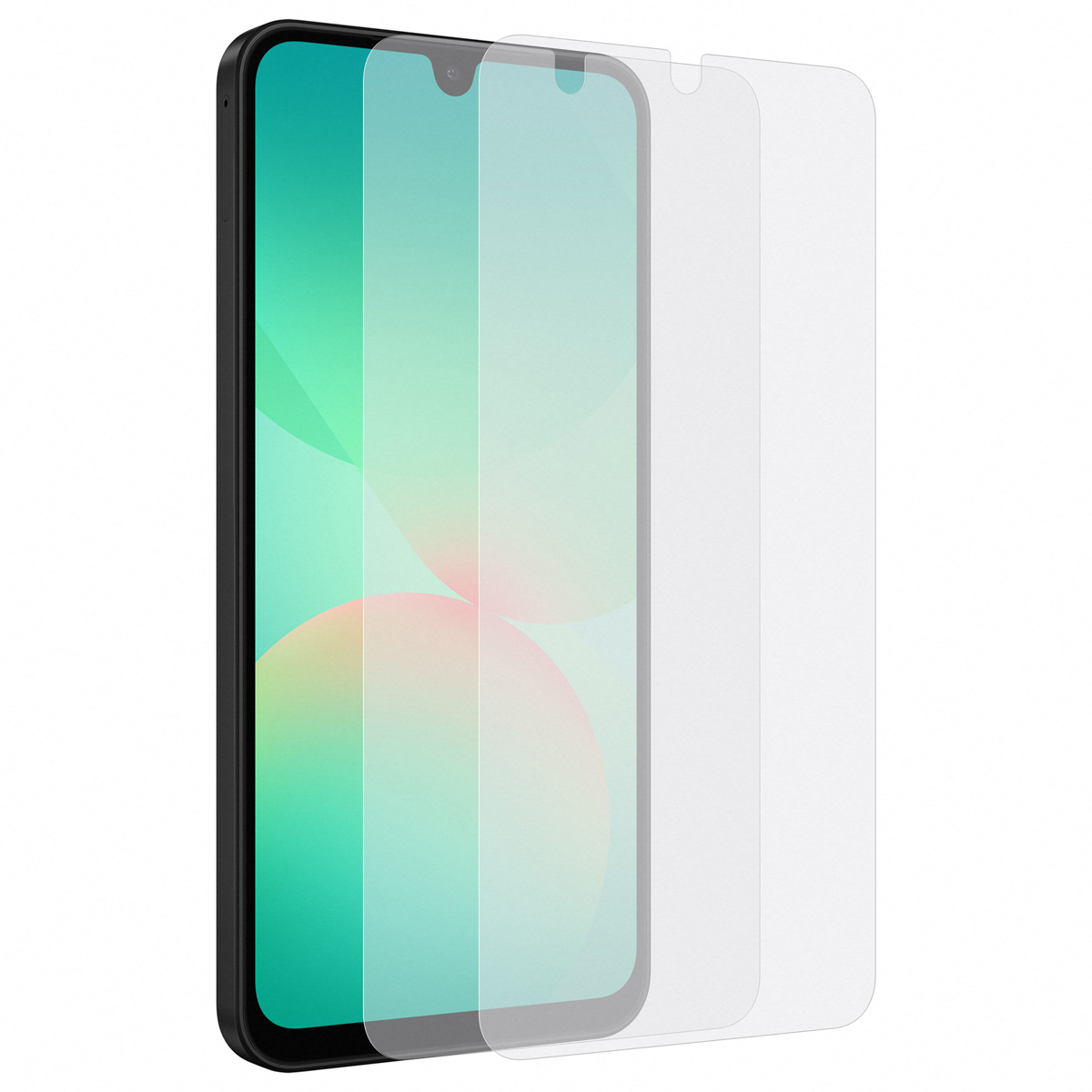 Czarny smartfon z dwoma ochraniaczami ekranu. Telefon jest z boku. Przezroczyste szkło.