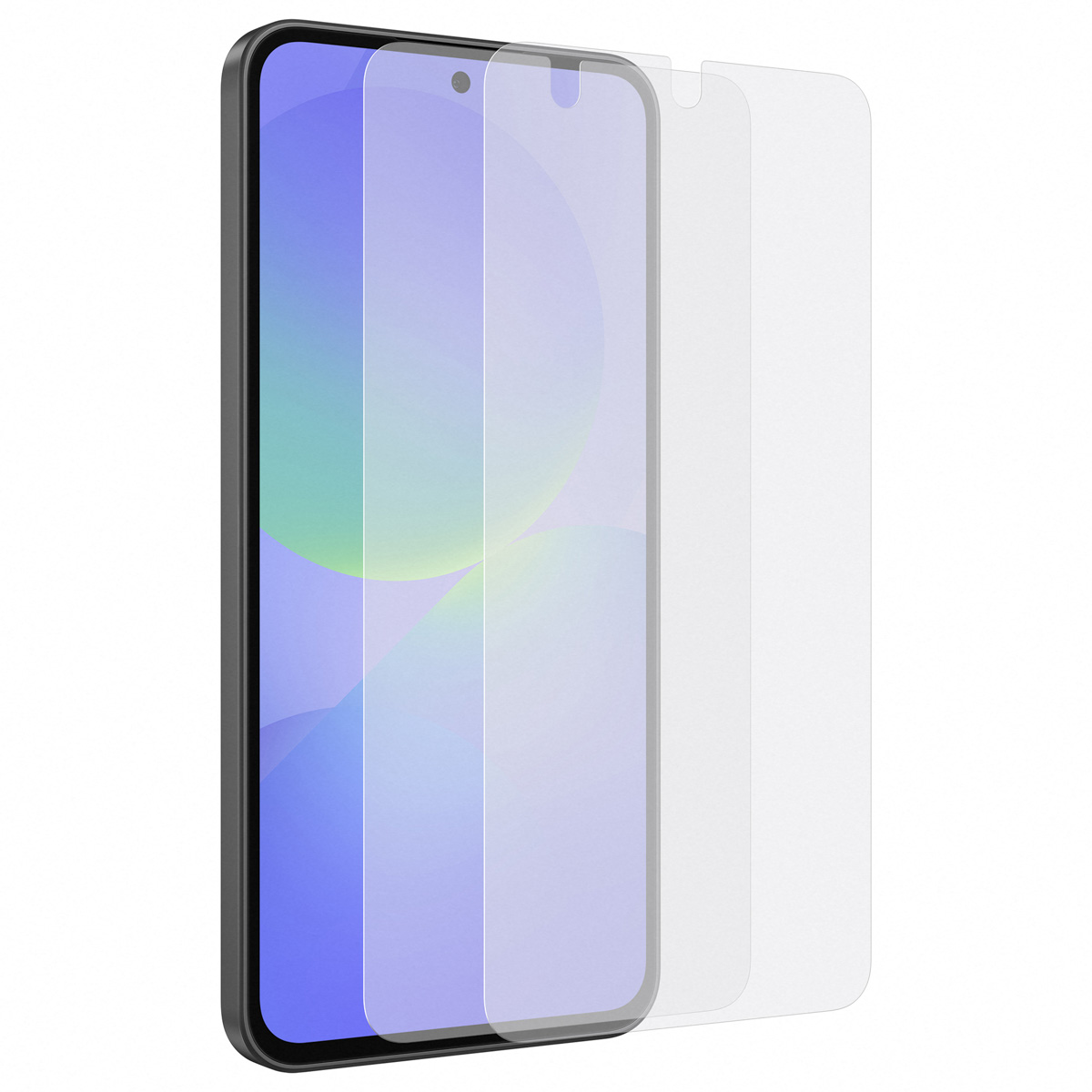Een smartphone met een schermbeschermer aangebracht. De telefoon is zwart en de beschermer is transparant.