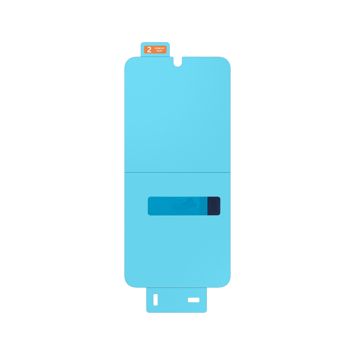 Niebieska osłona ekranu, z zakładką do odrywania, na czarnym tle.