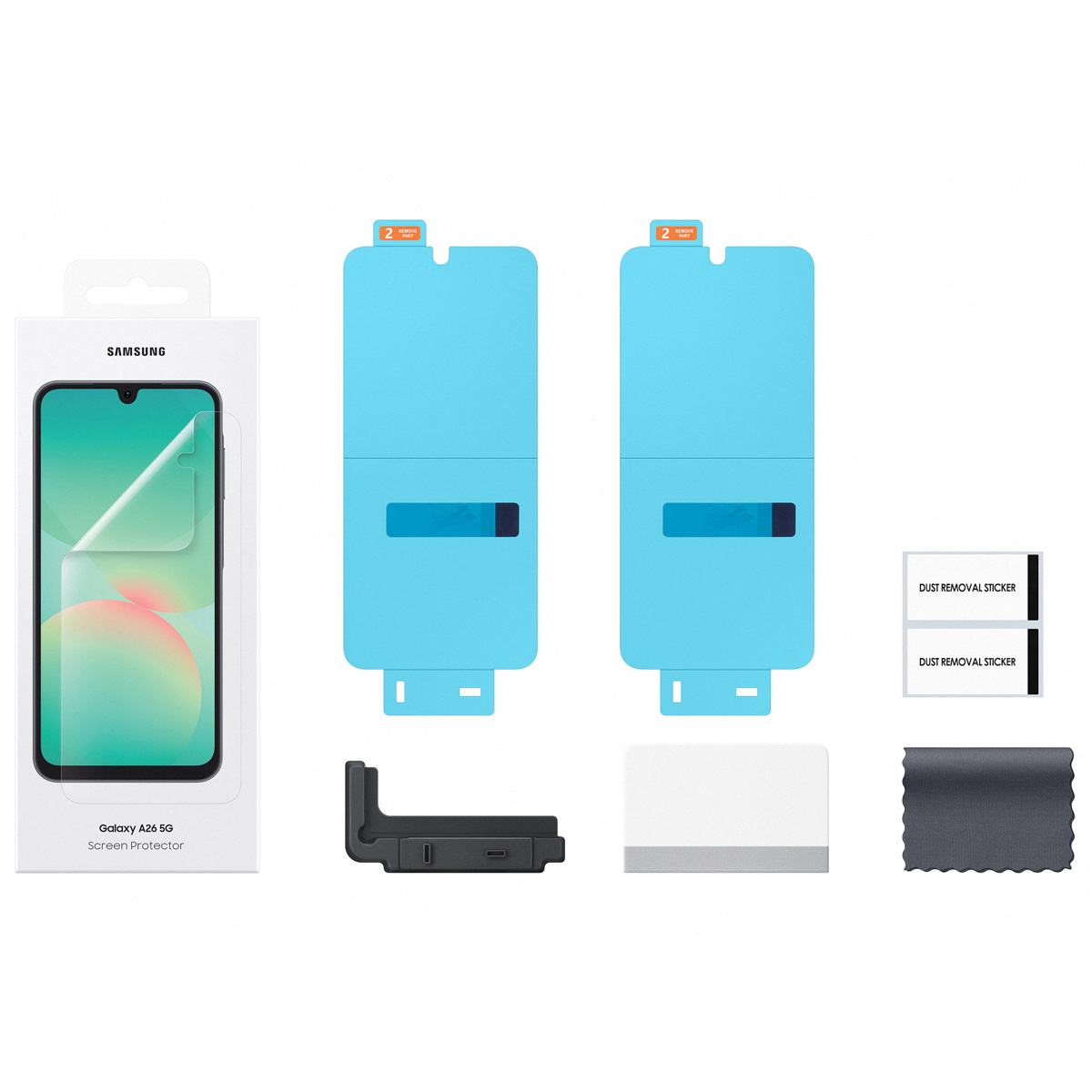 Zestaw ochronny ekranu Samsung Galaxy A26 5G. Zawiera ochraniacze, narzędzia do czyszczenia i naklejki.