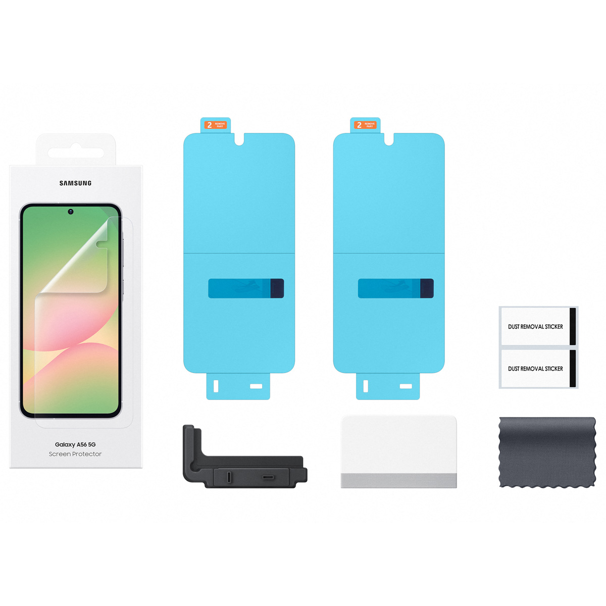 Schermbeschermer kit met telefoon, stickers en schoonmaakaccessoires.