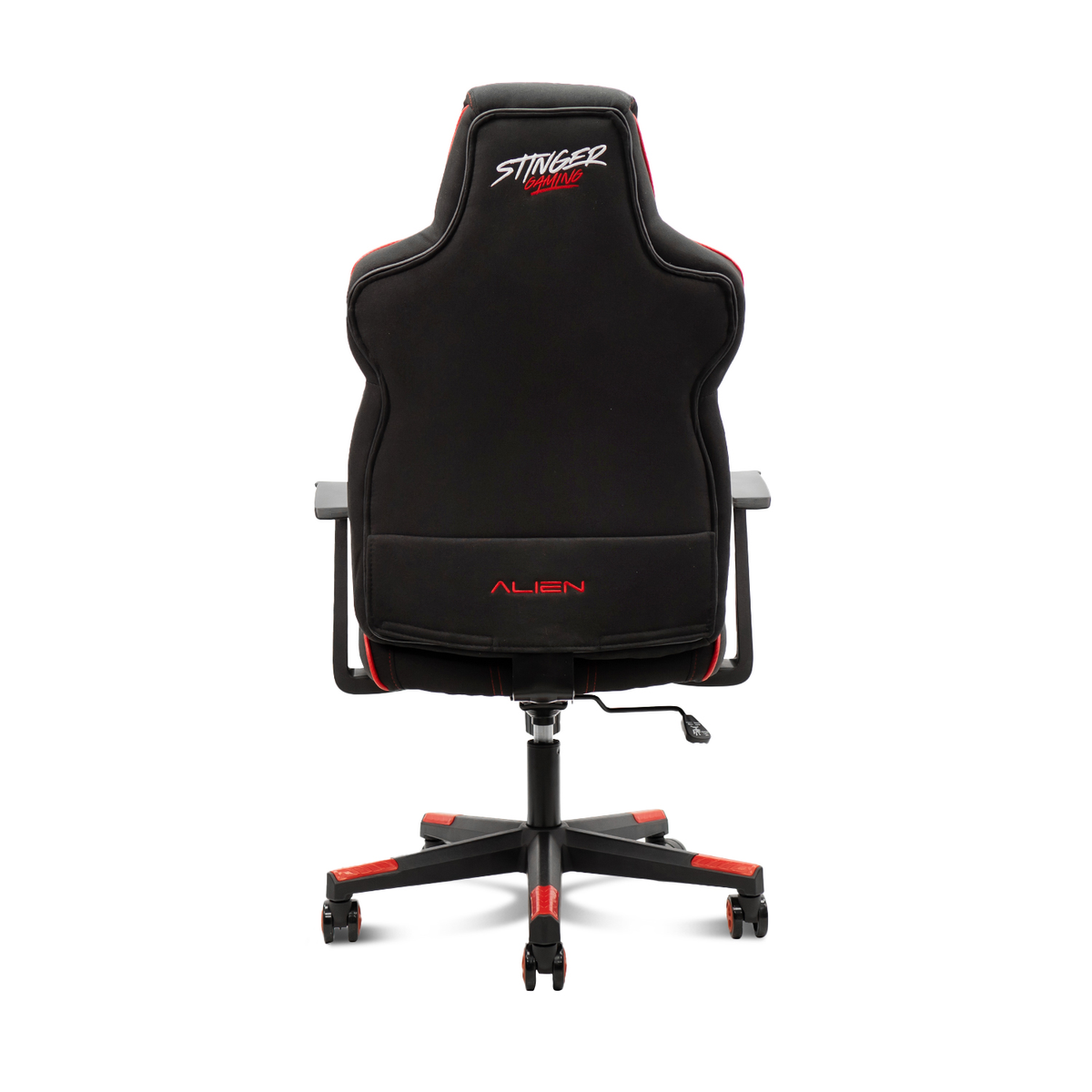 Sedia da gaming nera con dettagli rossi, vista da dietro. La parola ALIEN è visibile.