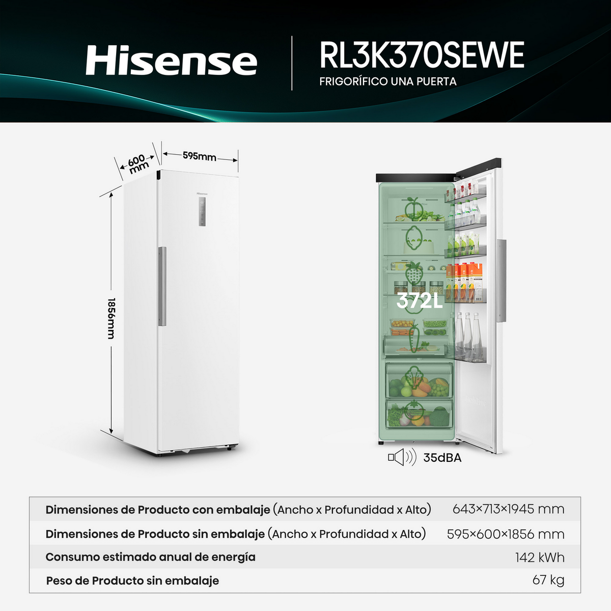 Refrigerador Hisense blanco, abierto mostrando el interior. Texto y dimensiones.