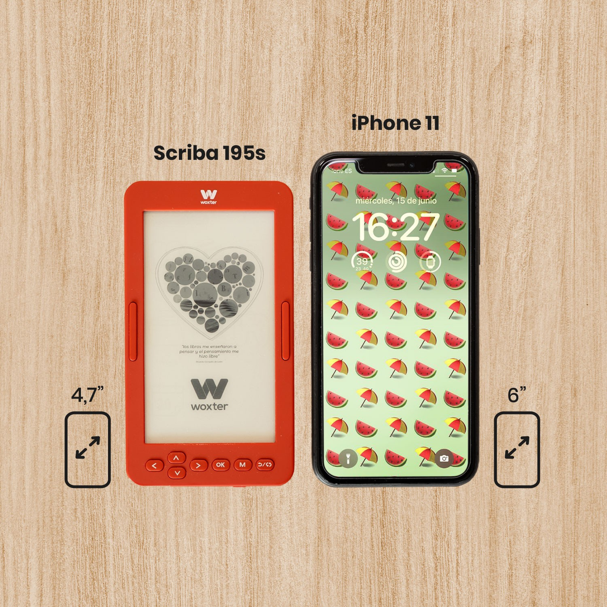 Dos dispositivos: lector electrónico rojo e iPhone 11, mostrando texto e iconos en madera.