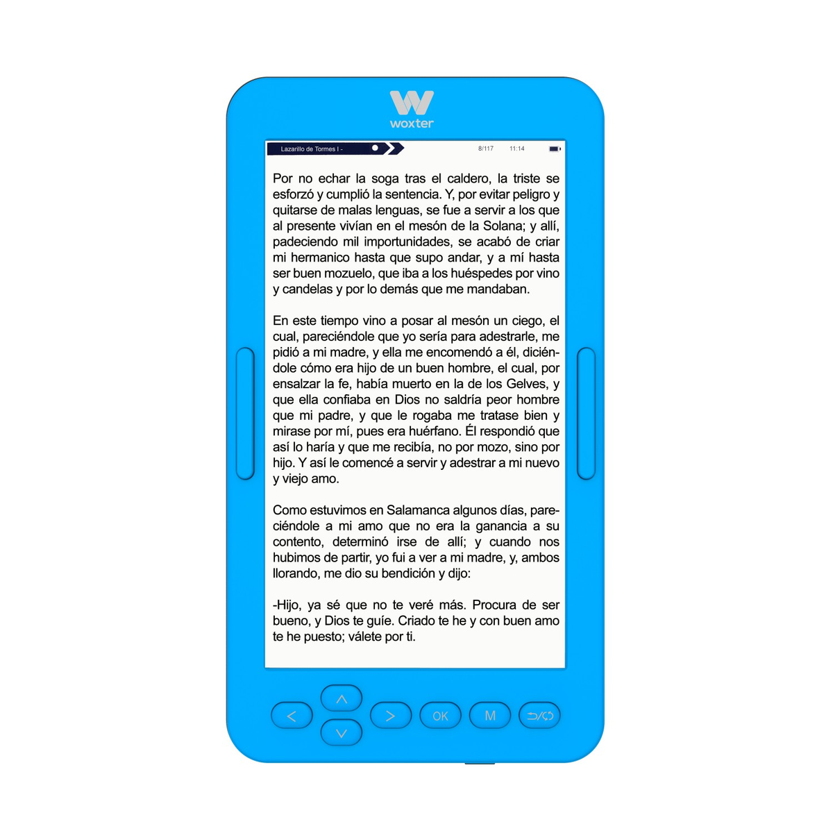 Lector electrónico Woxter azul con texto mostrado. Fondo blanco. Botones azules en la parte inferior.