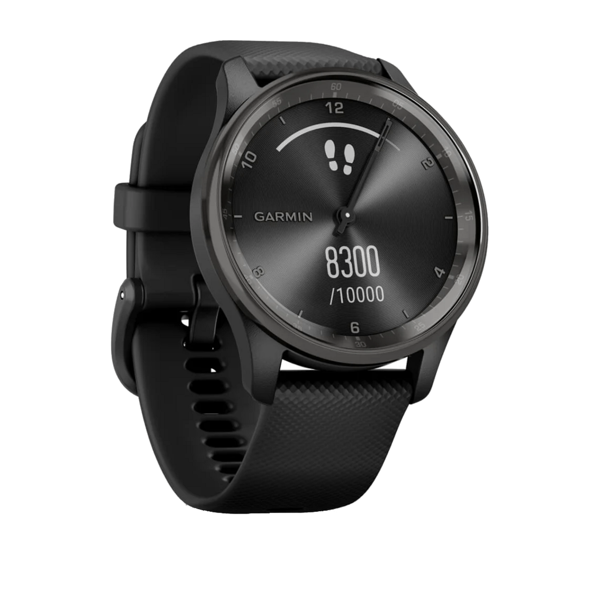 Czarny smartwatch Garmin z czarnym paskiem, wyświetlający godzinę i kroki.