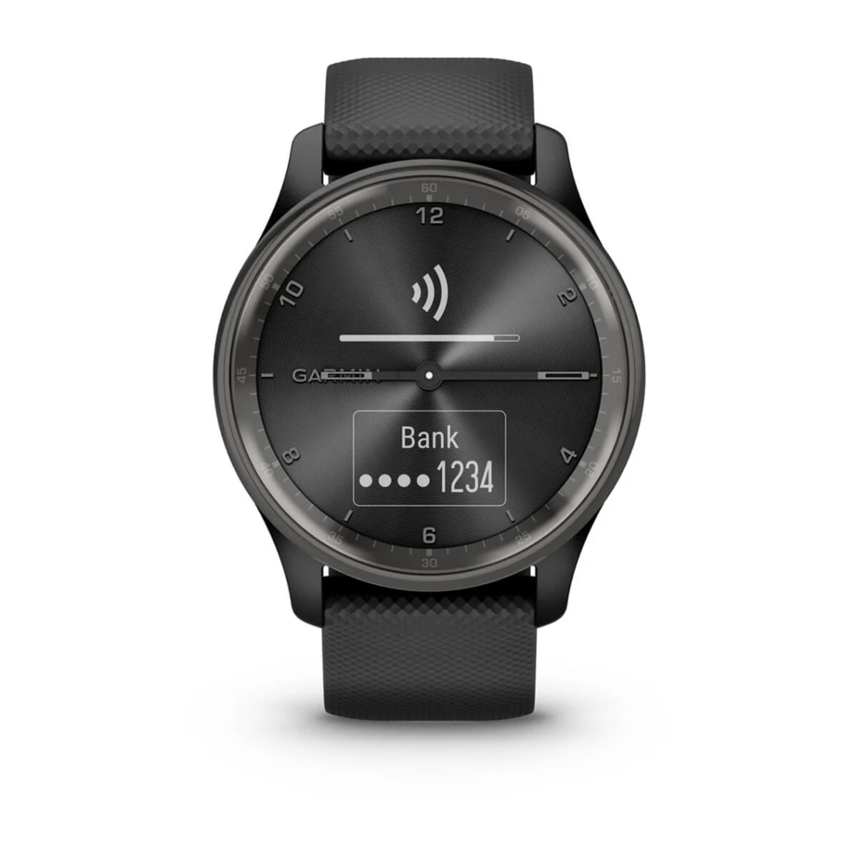 Czarny smartwatch Garmin z cyfrowym wyświetlaczem pokazującym dane karty bankowej.