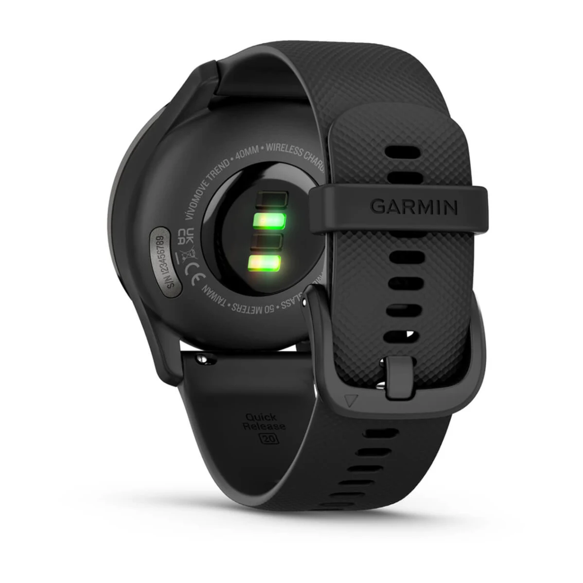 Czarny smartwatch Garmin, pokazujący tył z czujnikiem tętna i czarnym paskiem na nadgarstek.