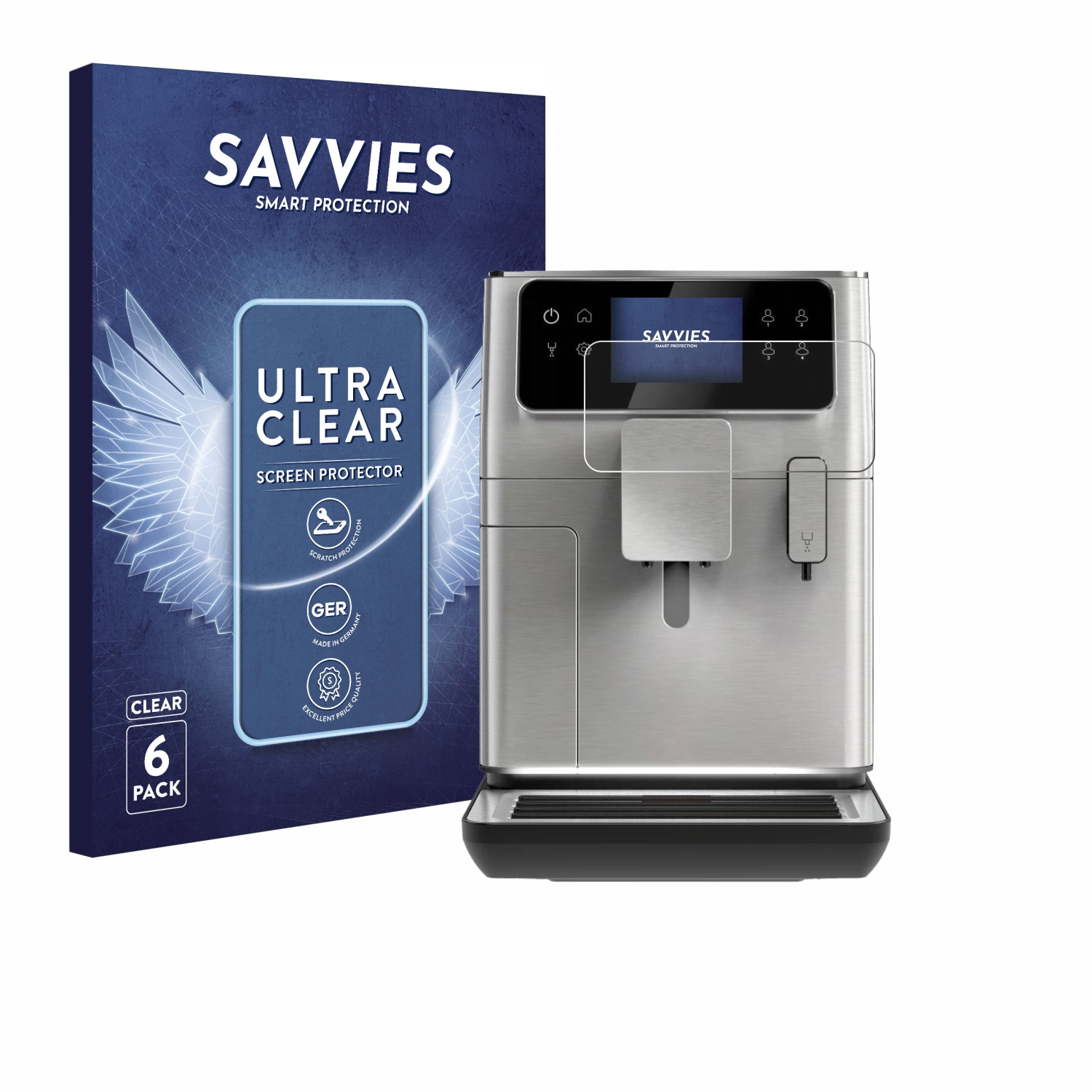 Eine silberne Kaffeemaschine mit Displayschutz und eine blaue Box mit Displayschutzdetails.