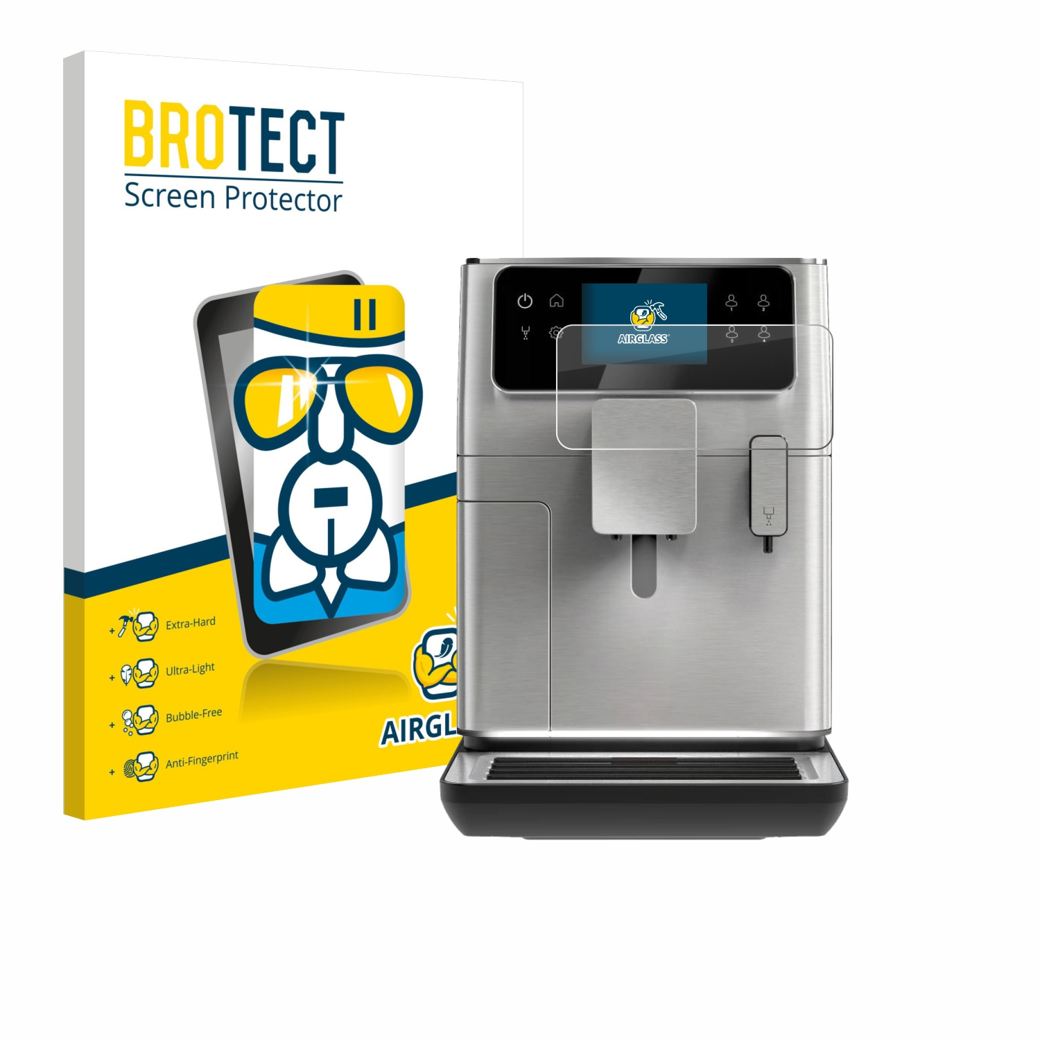 Brotect Displayschutzfolienbox und eine Kaffeemaschine aus Edelstahl mit Displayschutzfolie.