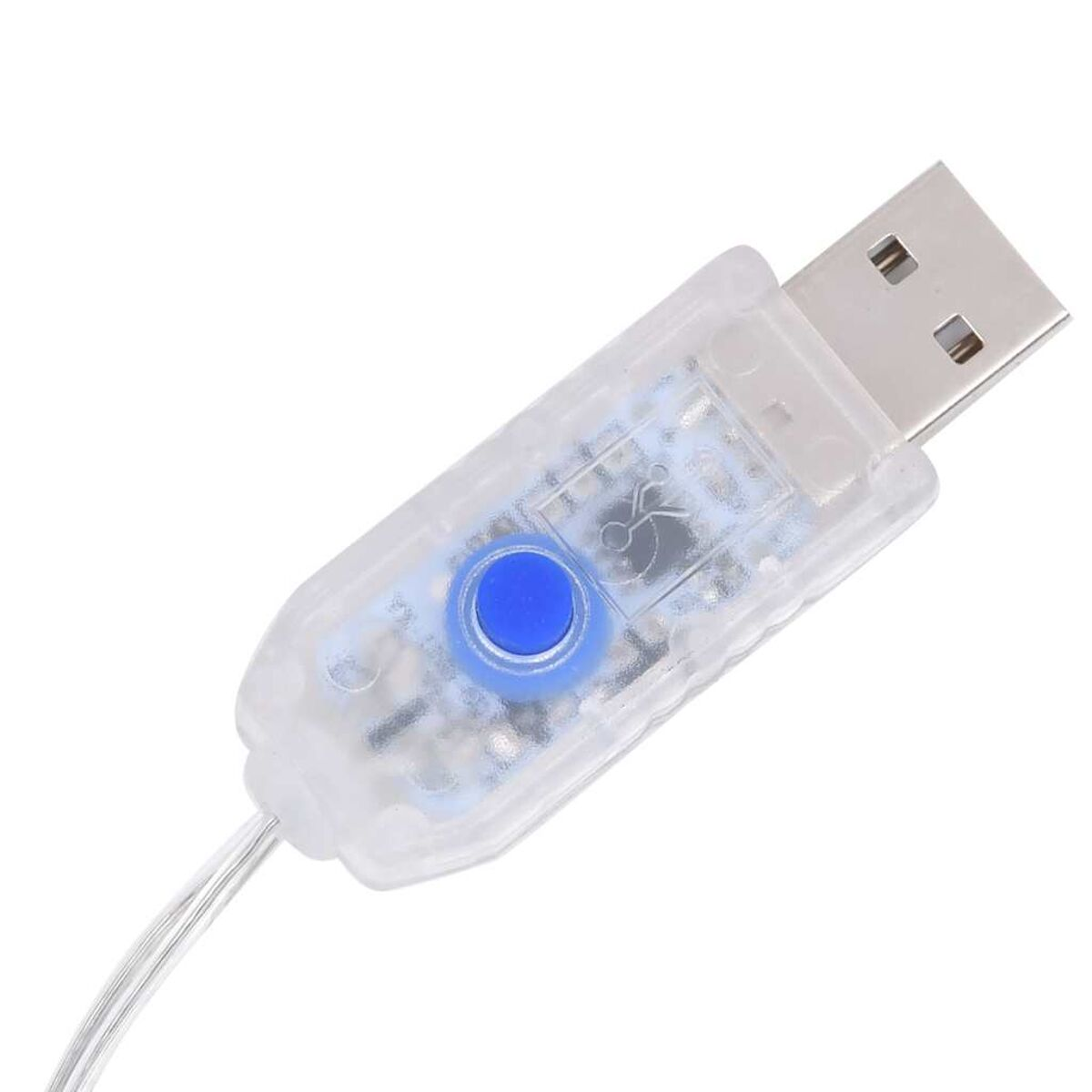 USB-Anschluss mit blauem Knopf und durchsichtigem Kunststoffgehäuse, mit Draht.