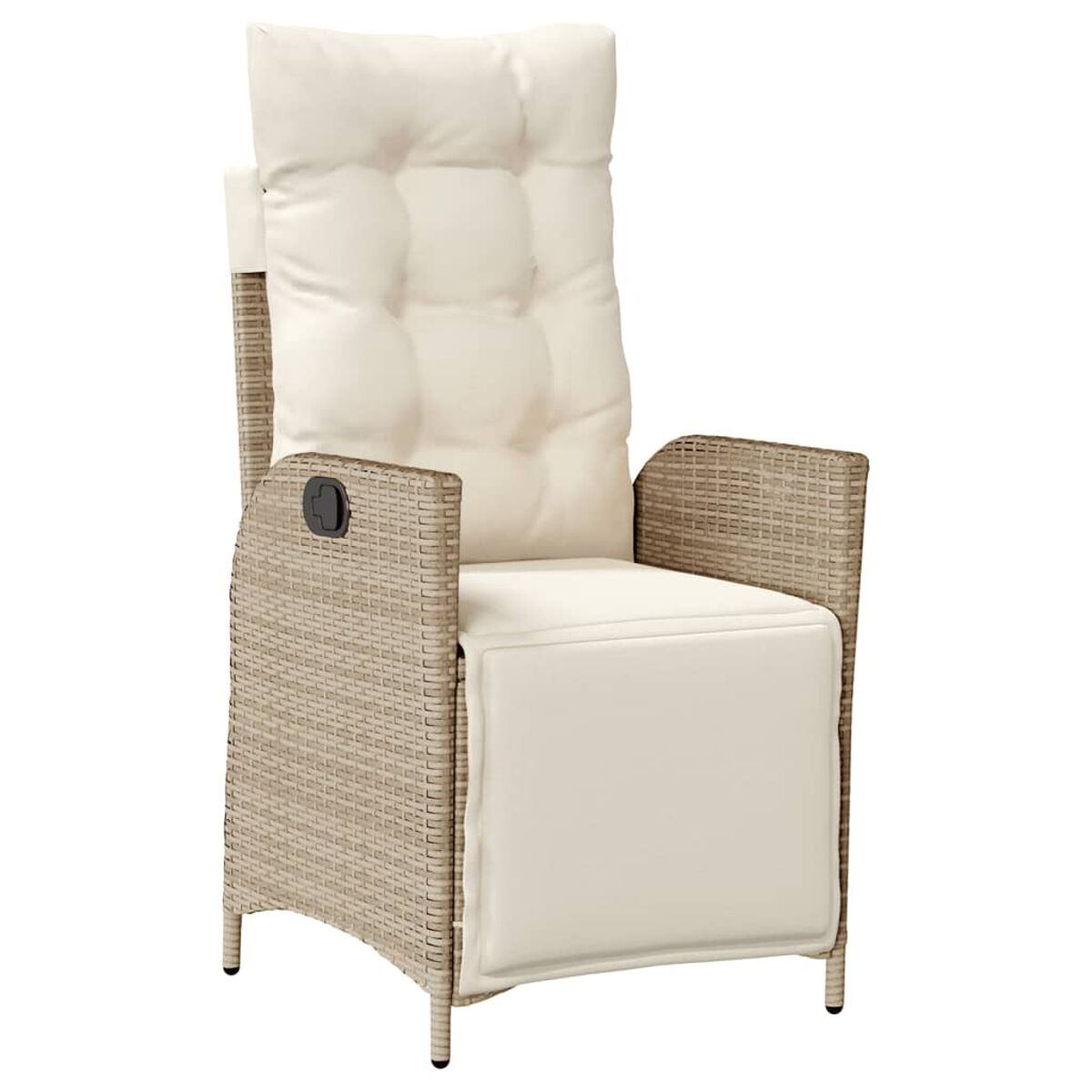 Poltrona reclinabile da esterno in rattan. Cuscino beige e schienale alto. Leva nera laterale.