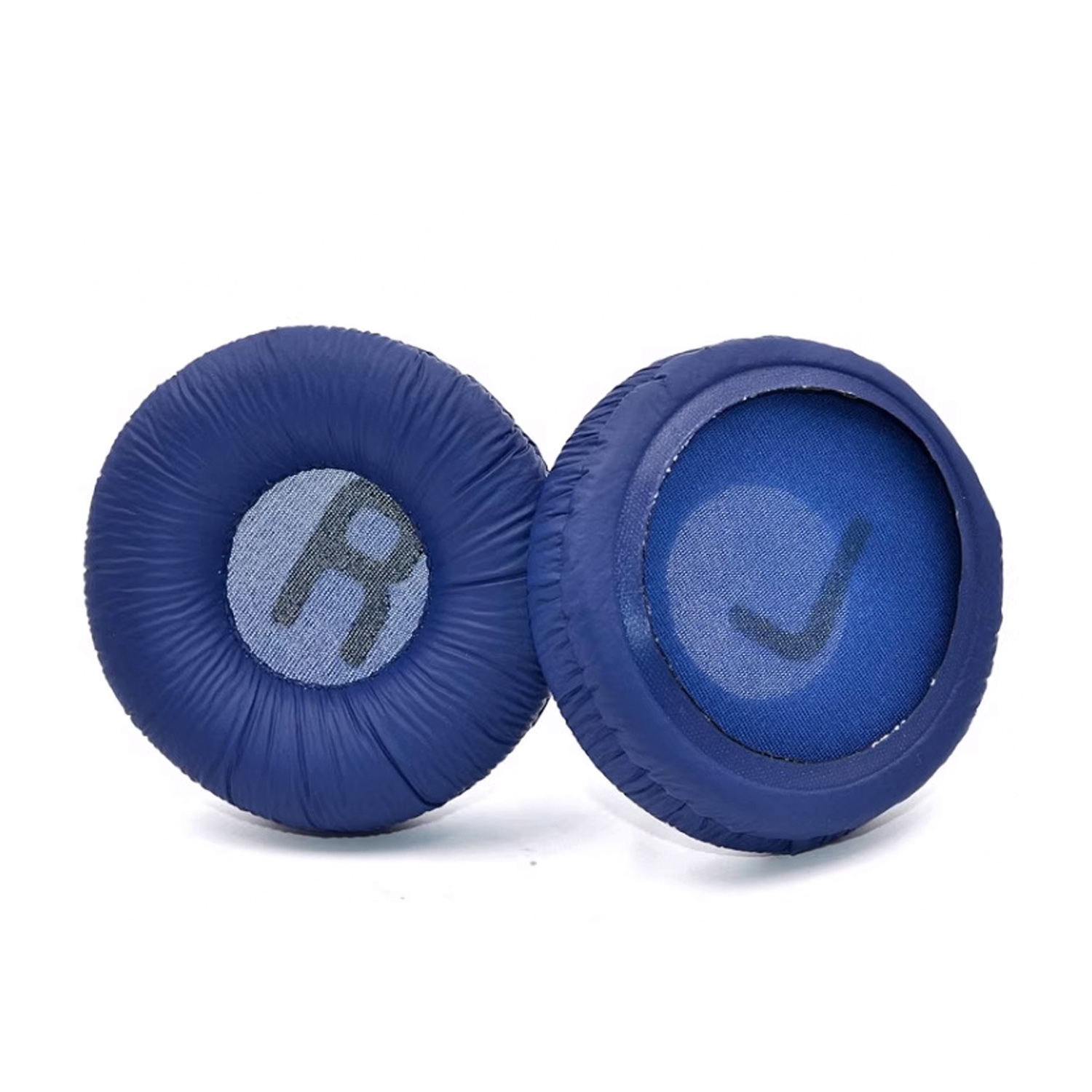 Dwie niebieskie poduszki na uszy z siatkowym środkiem i białym tłem, pokazujące literę 'R' i haczyk.