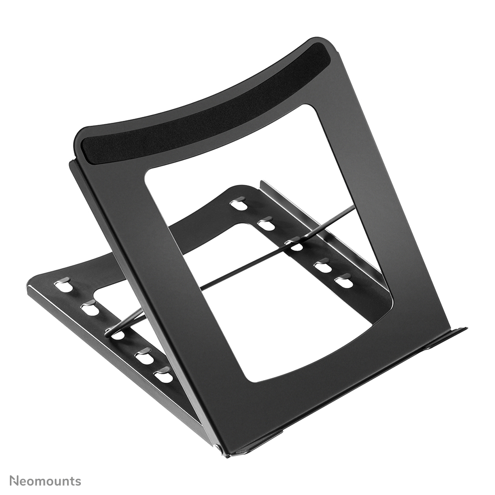 Schwarzer Laptopständer, angewinkelt. Mit gepolstertem Oberteil und offenem Design.