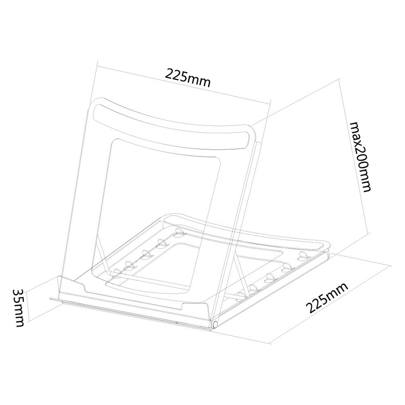 Eine skizzierte Diagramm eines Ständers, mit Abmessungen: 225mm, max 200mm und 35mm.