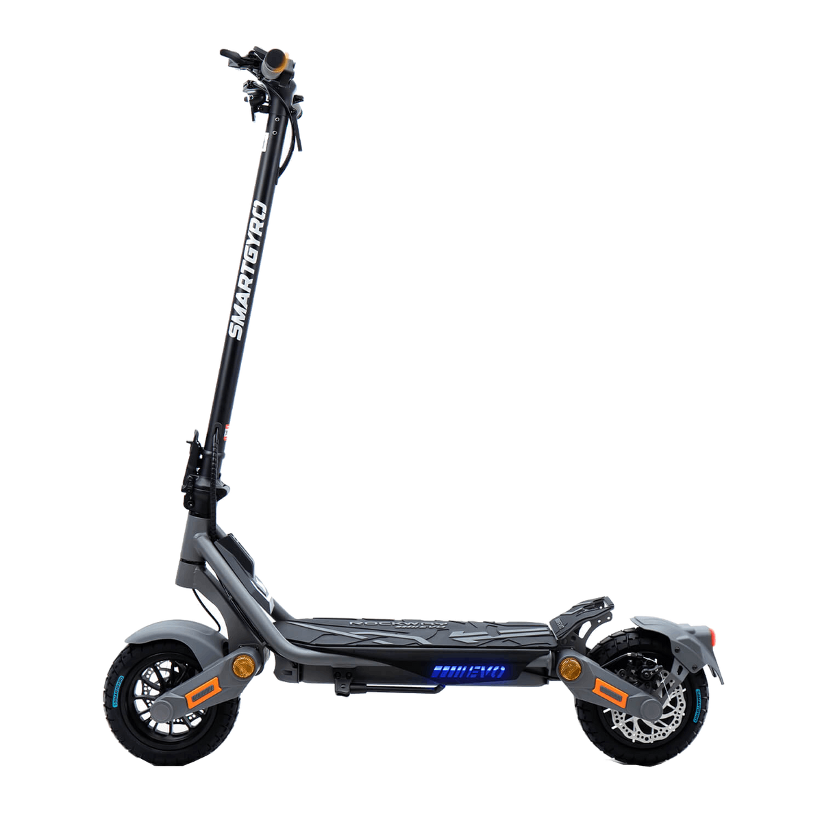 Un patinete eléctrico Smartgyro negro y gris sobre fondo blanco, con detalles naranjas y luces azules.