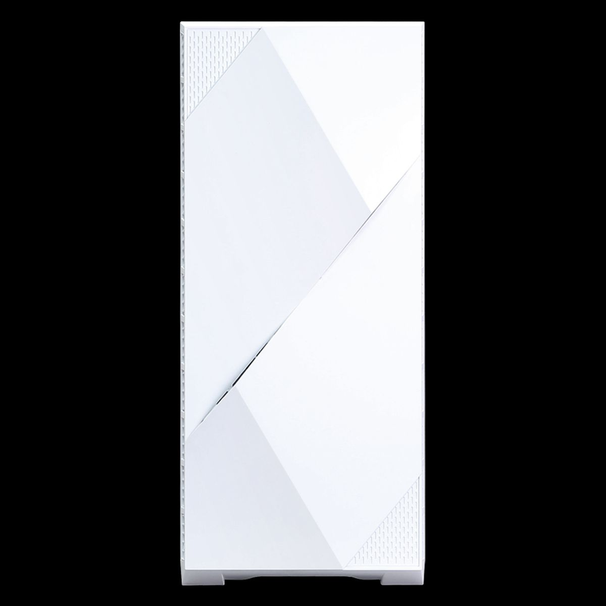 Een witte, geometrische telefoonhoes met een diagonaal lijnenontwerp op een zwarte achtergrond.