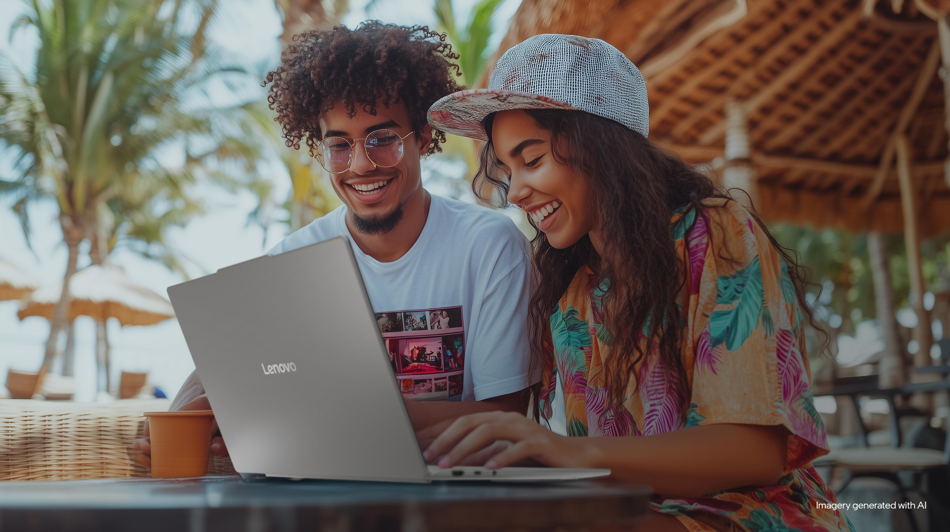 Zwei lächelnde Personen an einem Laptop im Freien, Palmen und ein Café im Hintergrund.