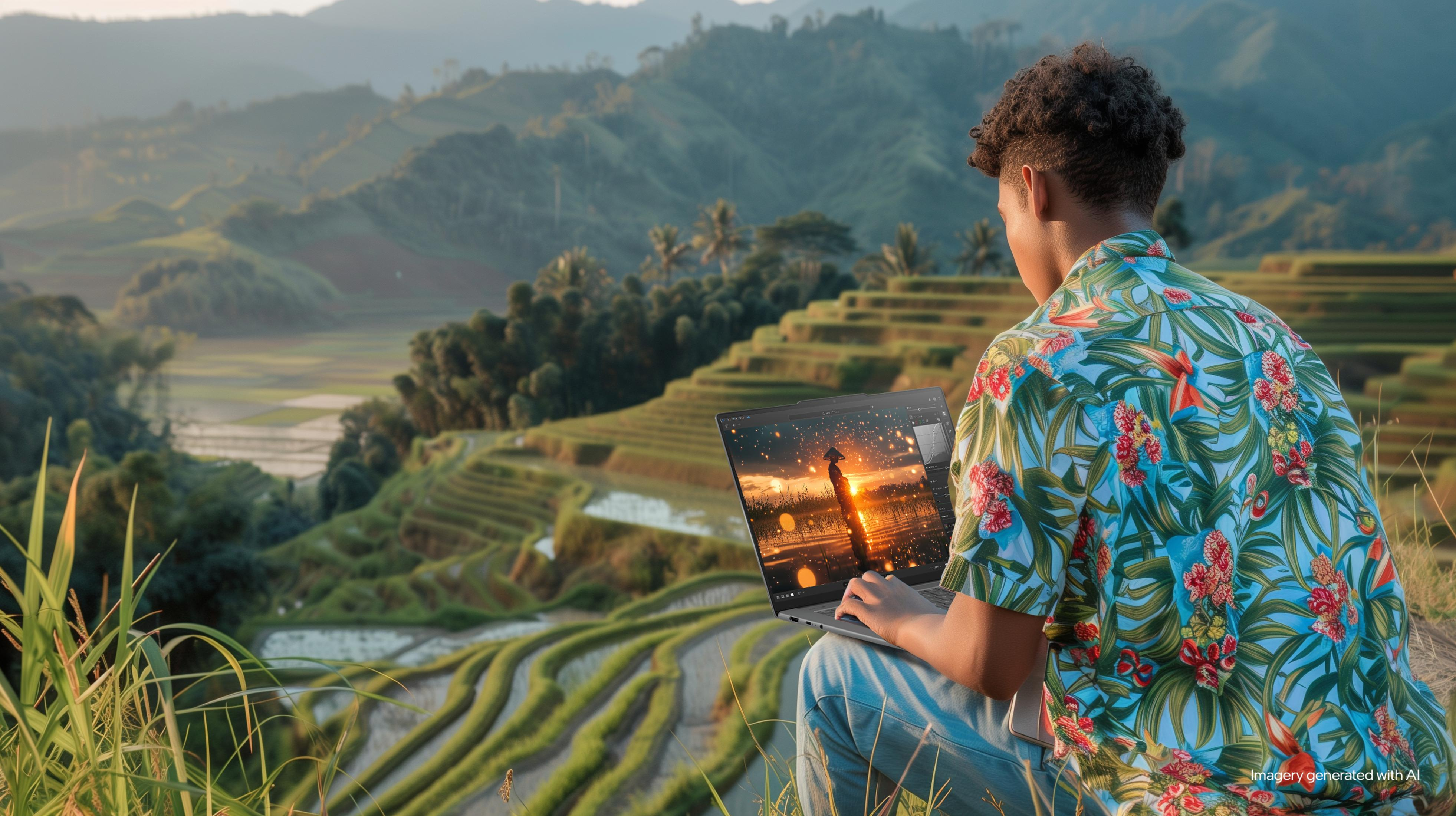 Mann mit Laptop, Sonnenuntergang, Hemd, mit Blick auf Reisterrassen.