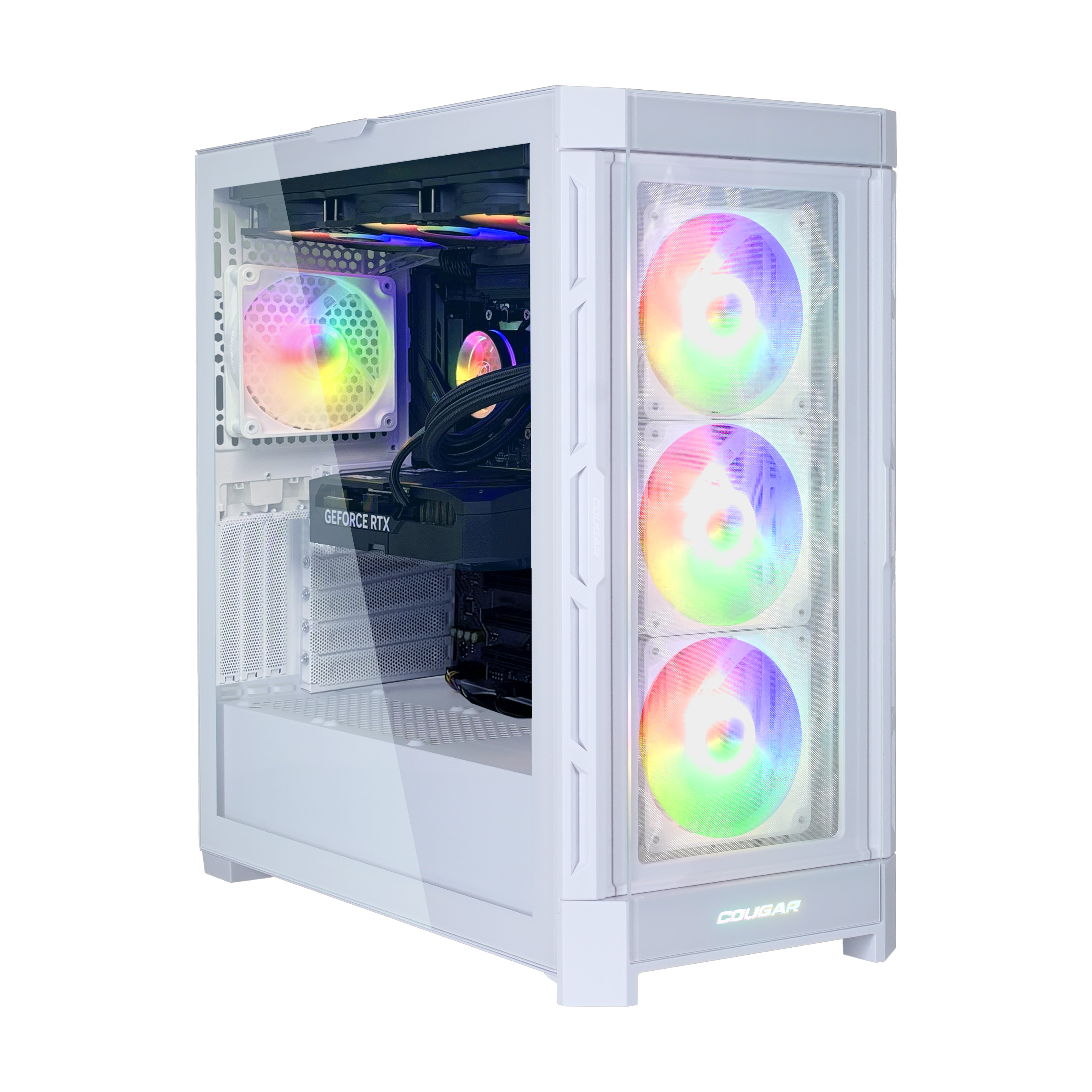 Weißes Computergehäuse mit RGB-Lüftern und Glasfront. Zeigt interne Komponenten mit bunten Lichtern.