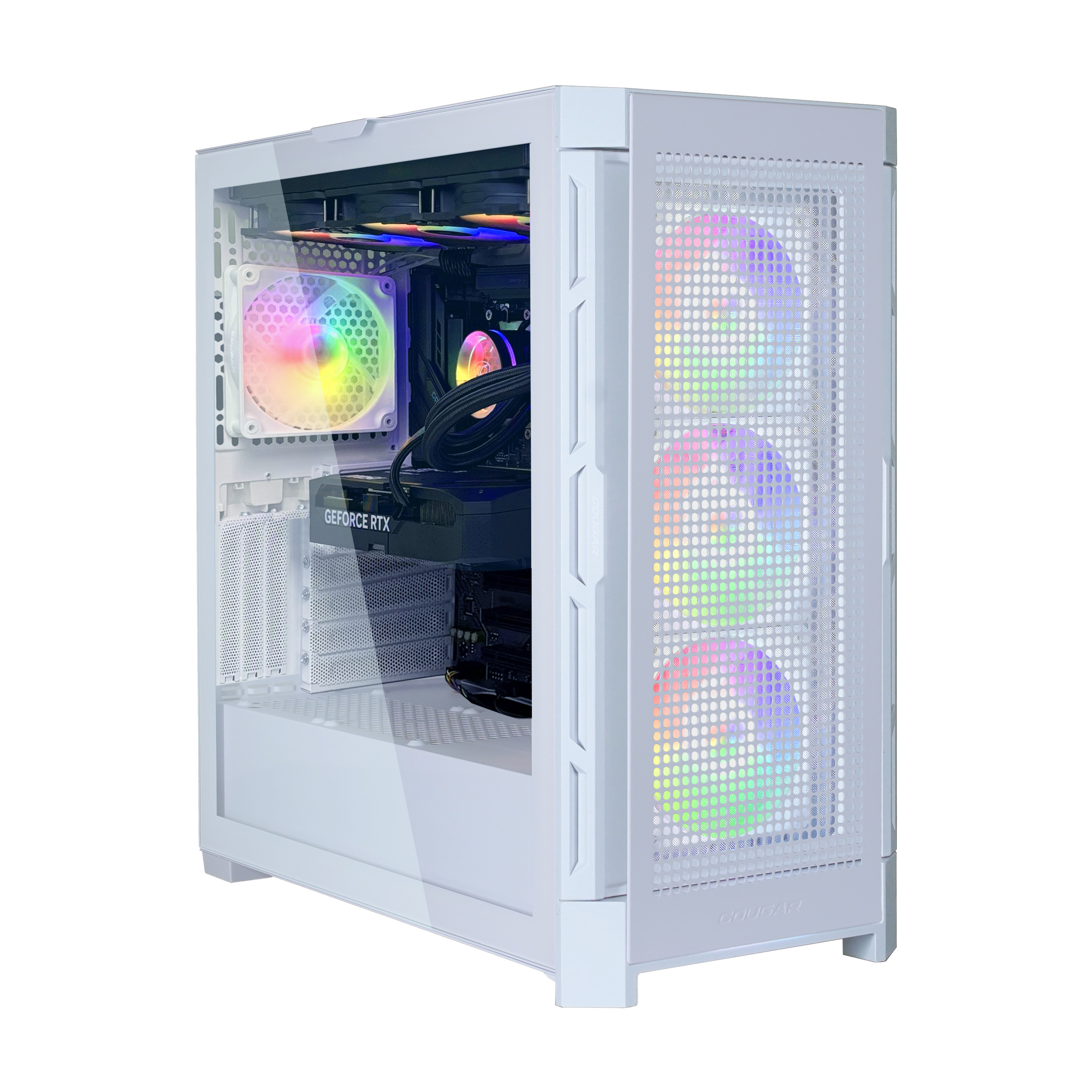 Weißes Computergehäuse mit RGB-Lüftern und -Leuchten. Eine transparente Seite zeigt die Komponenten im Inneren.