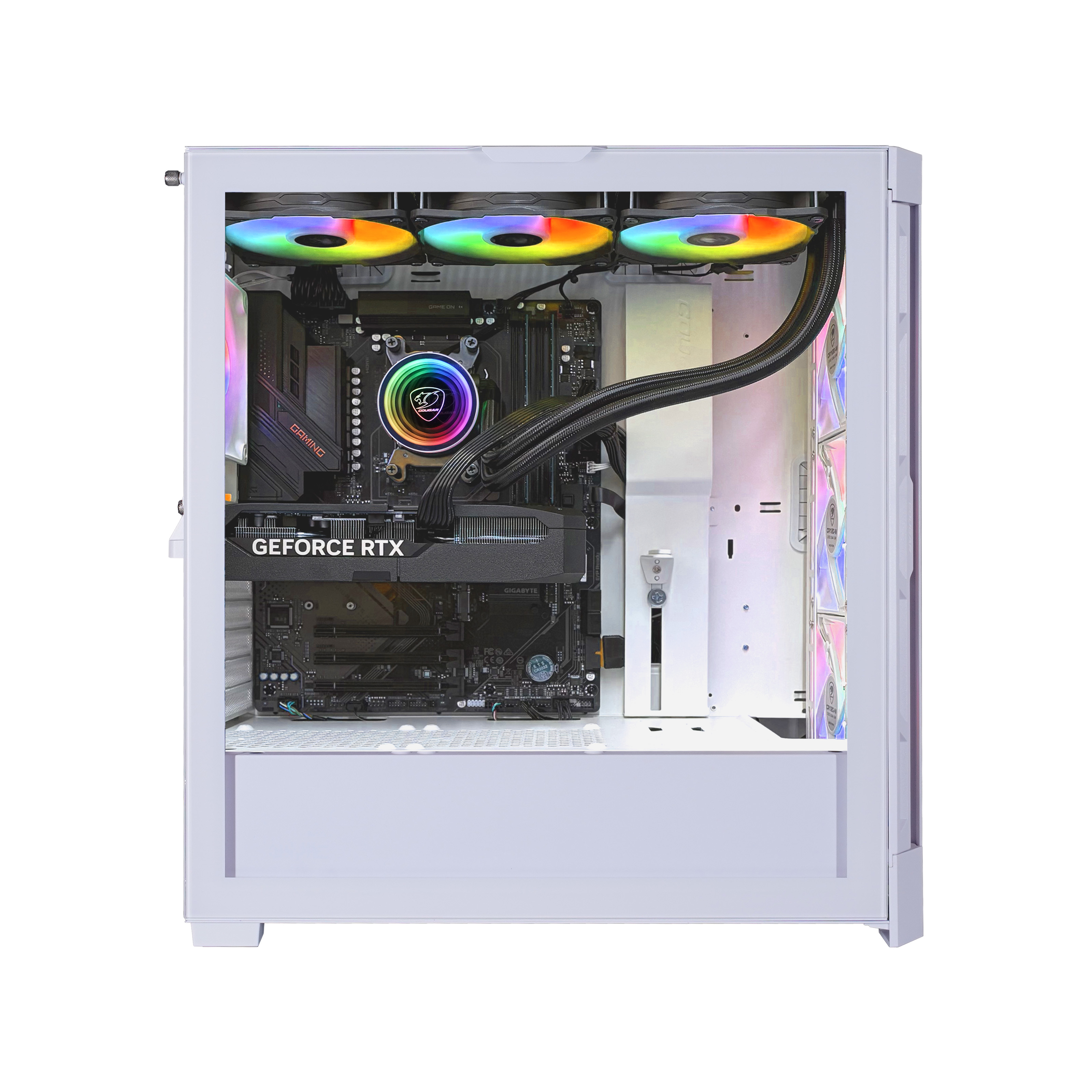 Weißes PC-Gehäuse mit bunten Lüftern, offen, um Komponenten wie eine GPU und ein Motherboard zu zeigen.