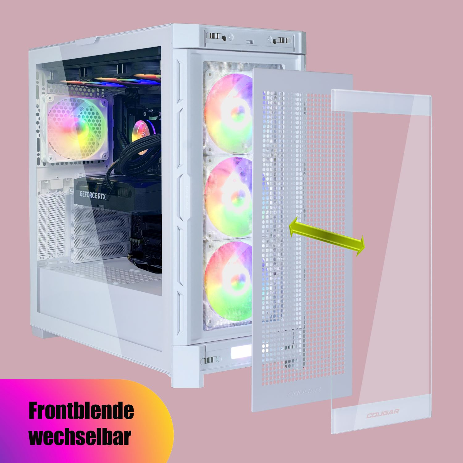 Weißes PC-Gehäuse mit geöffneter Seitenwand, zeigt Lüfter mit bunten Lichtern und Komponenten.