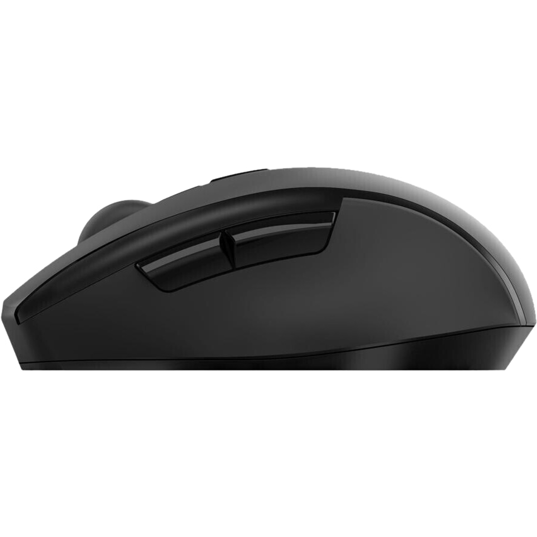 Czarna mysz komputerowa, widok z boku. Ma kółko przewijania i przyciski nawigacyjne.