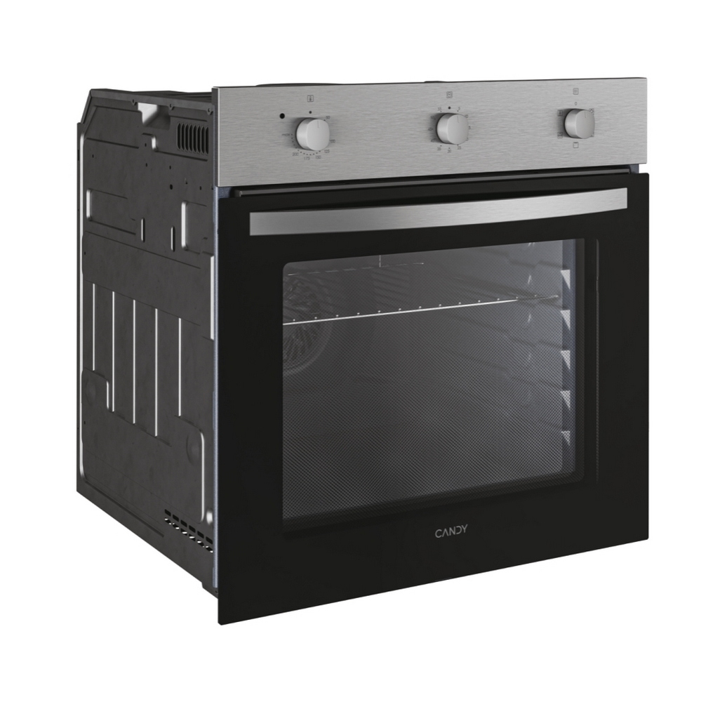 Forno in acciaio inox con porta nera. Tre manopole di controllo in alto.