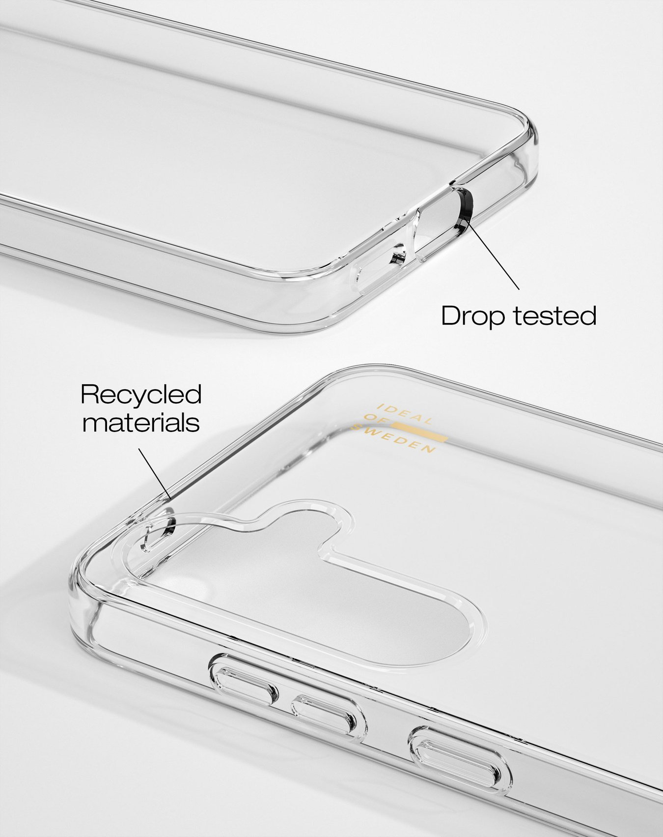 Transparente Handyhülle. Text weist auf Falltest und recycelte Materialien hin.