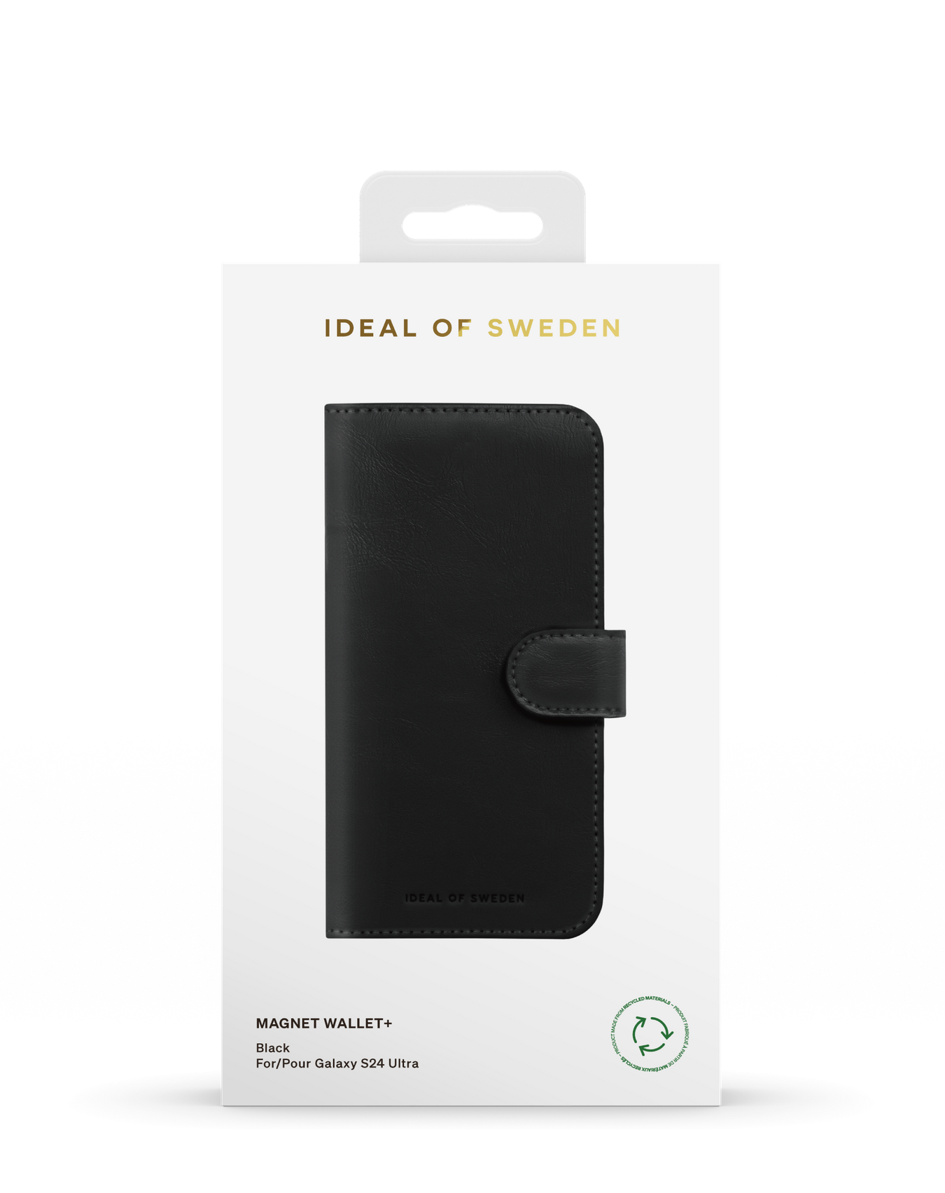 Eine schwarze Handy-Geldbörse mit Verschluss, in einer Box mit IDEAL OF SWEDEN-Aufdruck.