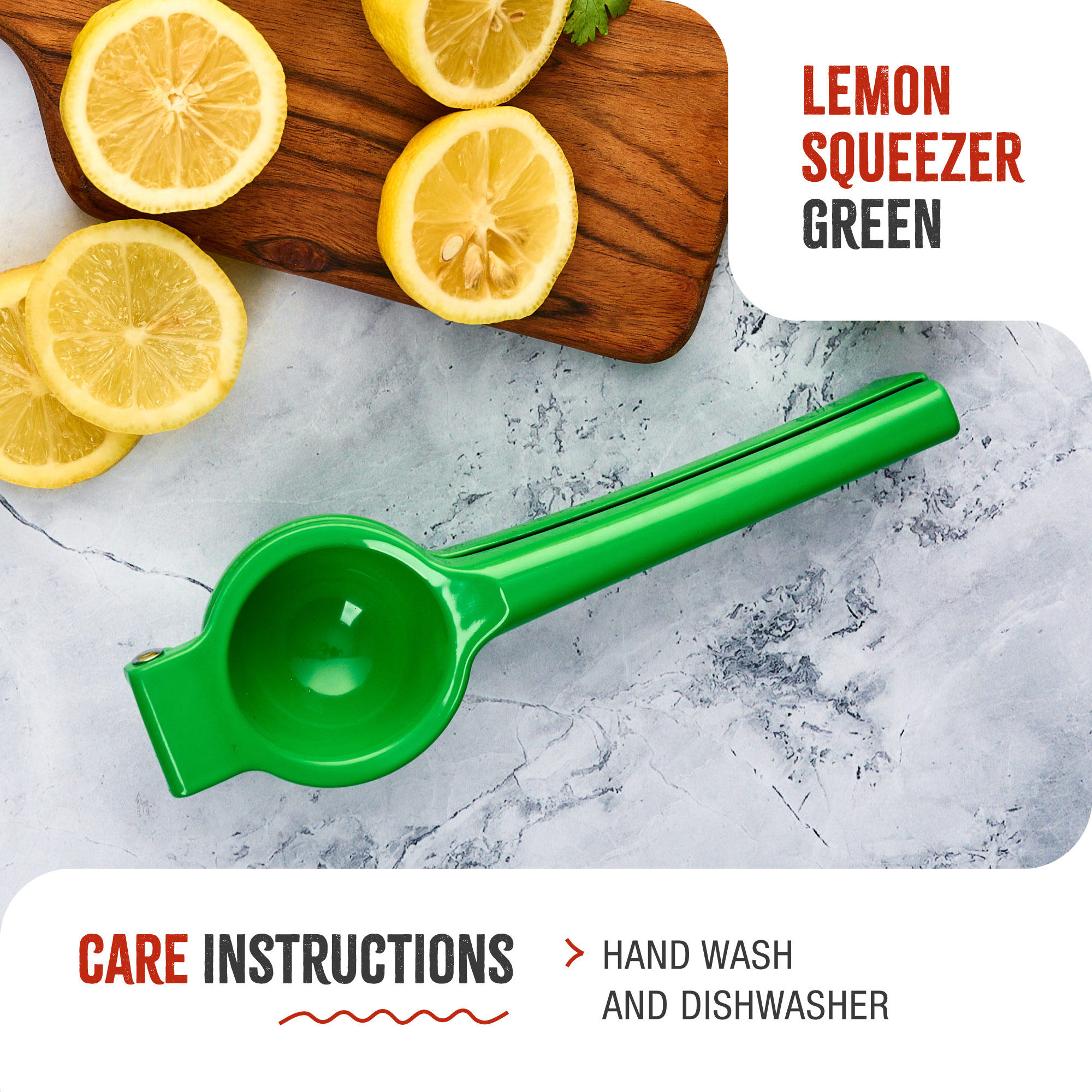 Exprimidor de limones verde con limones en rodajas en una tabla de madera y texto: instrucciones de cuidado.