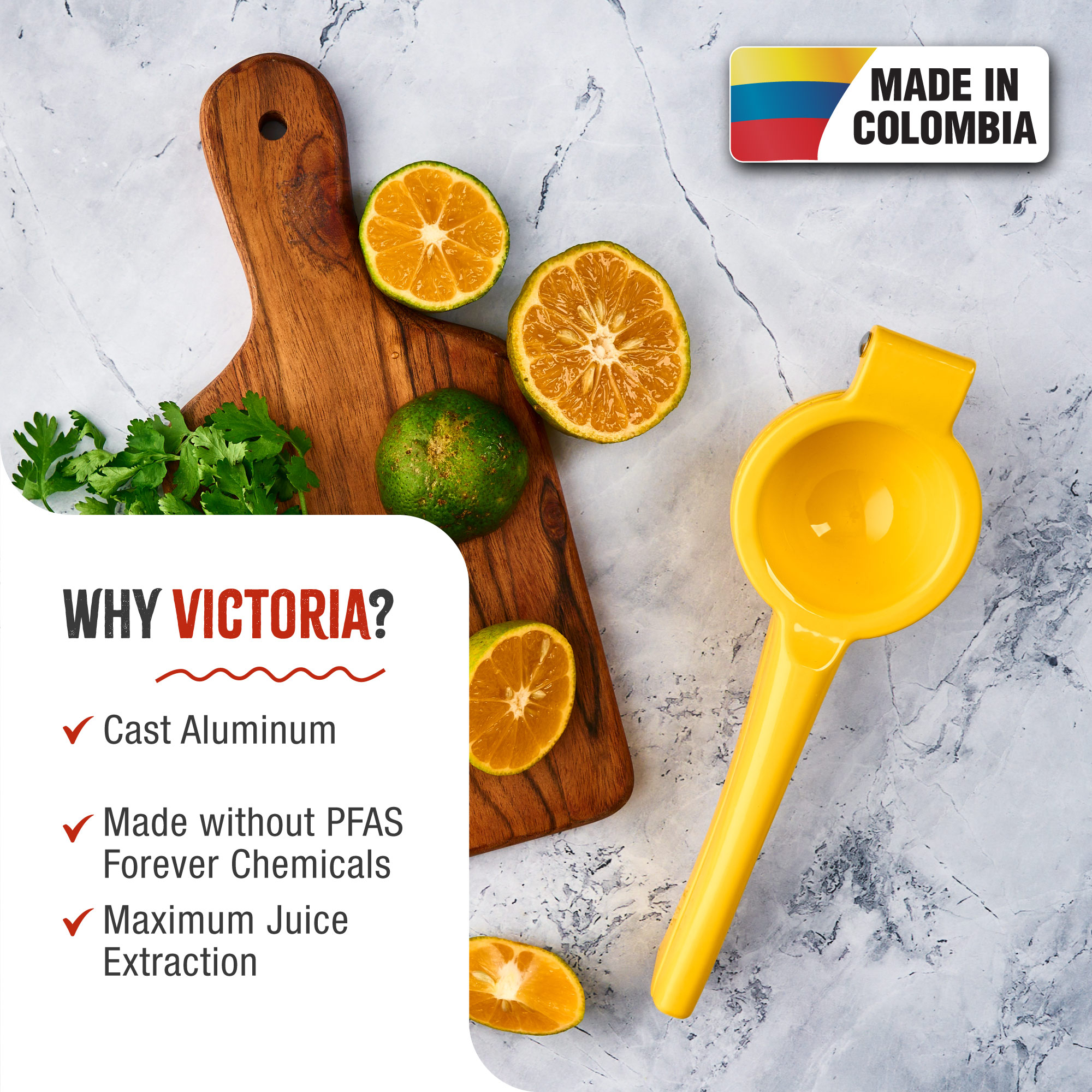 Exprimidor de cítricos amarillo con naranjas cortadas por la mitad, cilantro y texto sobre por qué elegir Victoria.