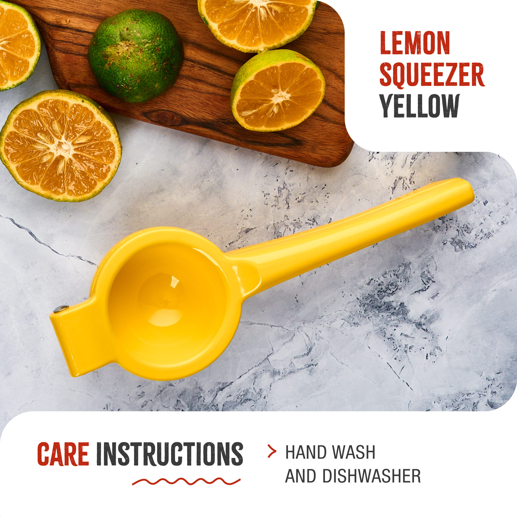 Exprimidor de limones amarillo con limones en una tabla de madera. Texto sobre instrucciones de cuidado.