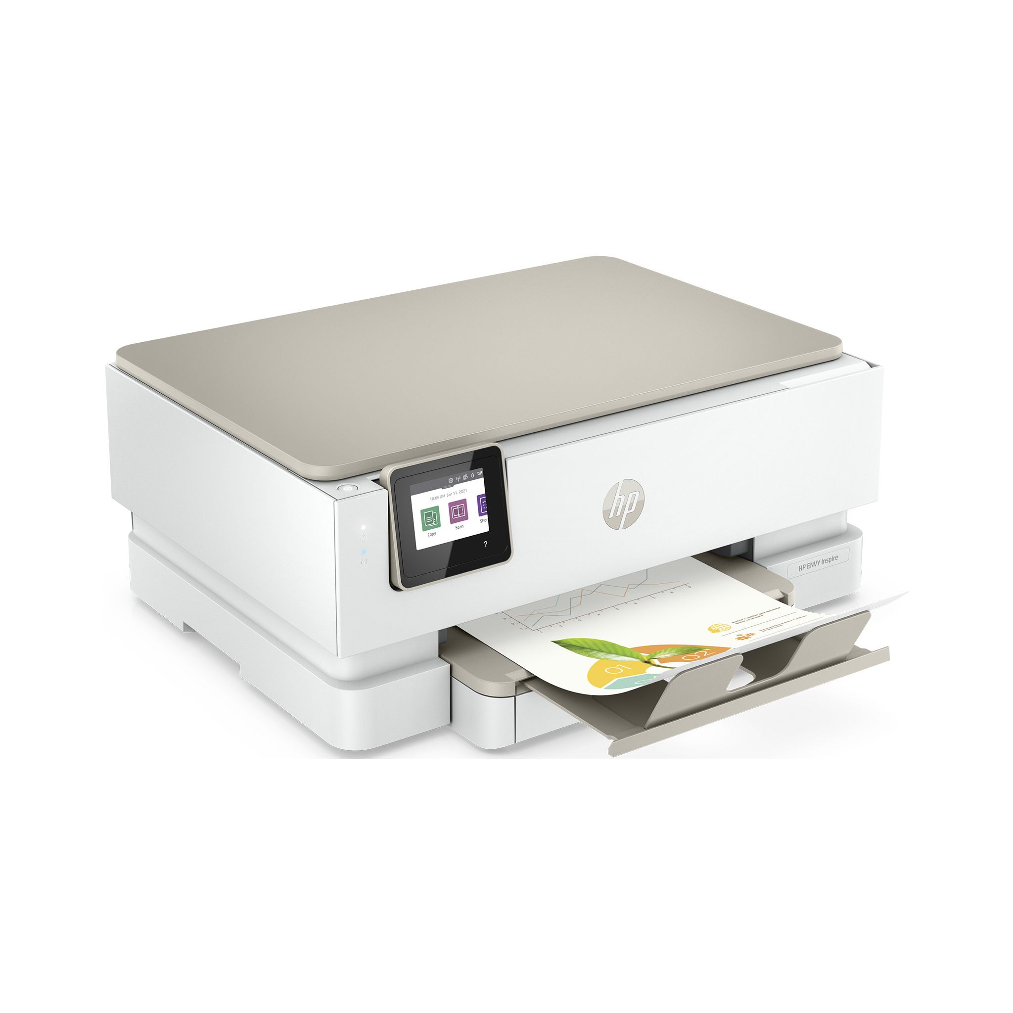 Weißer und beiger Drucker mit Touchscreen und Papierschale mit bedrucktem Papier.