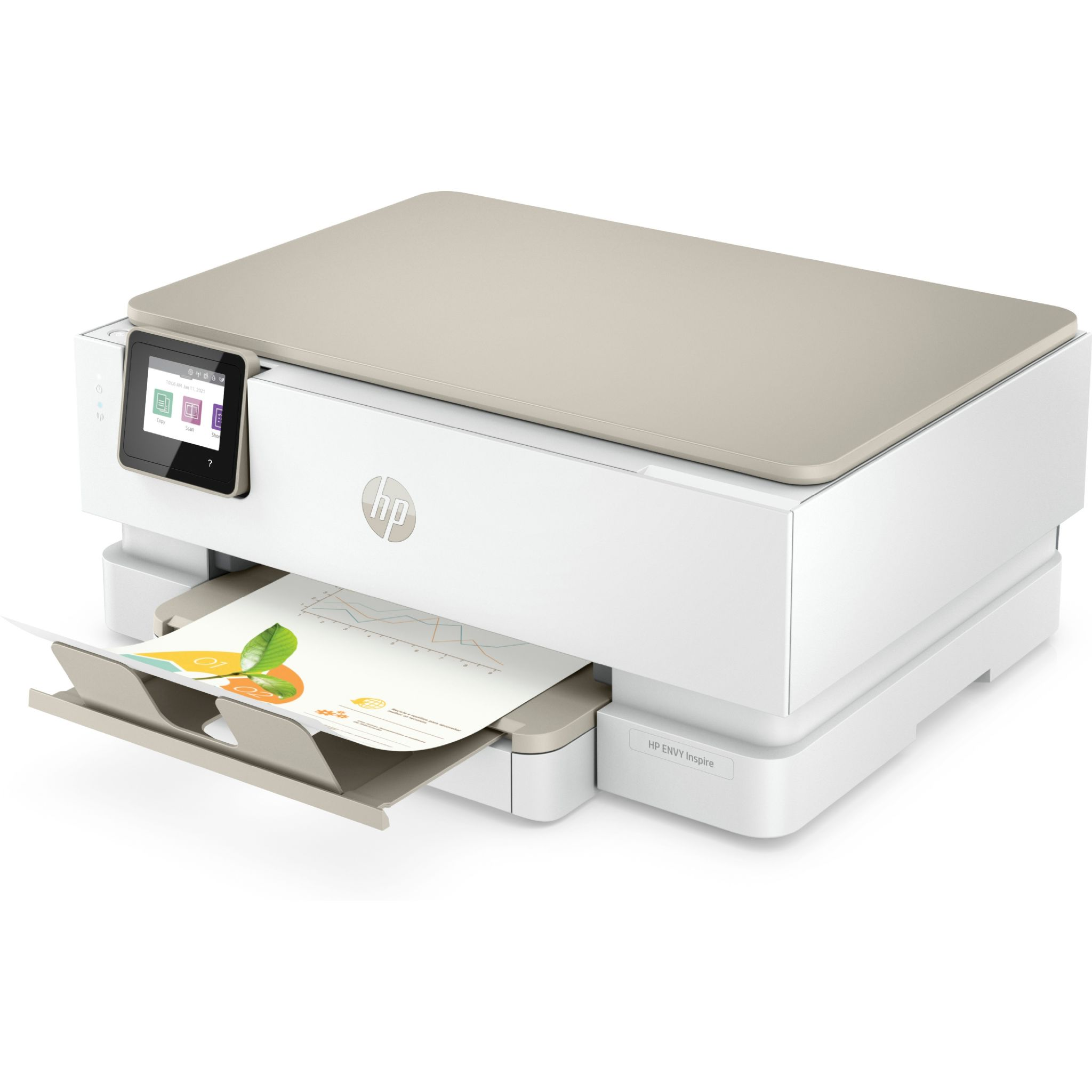Ein HP-Drucker mit einem Dokumentendruck. Beiger Deckel und weißer Sockel mit Bildschirm und Logo.