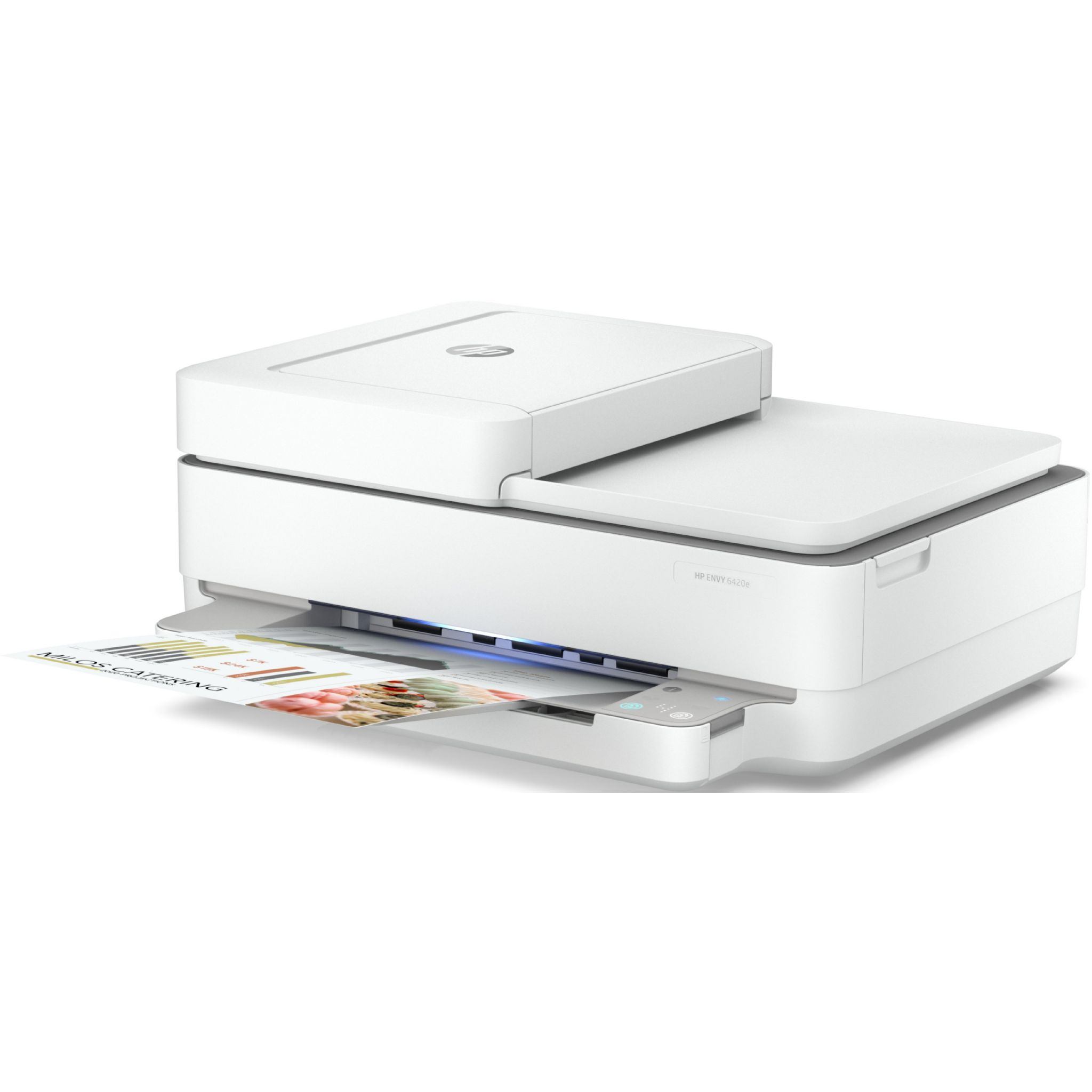 Stampante HP Envy 6400 bianca. Uscita carta A4 con stampa a colori.