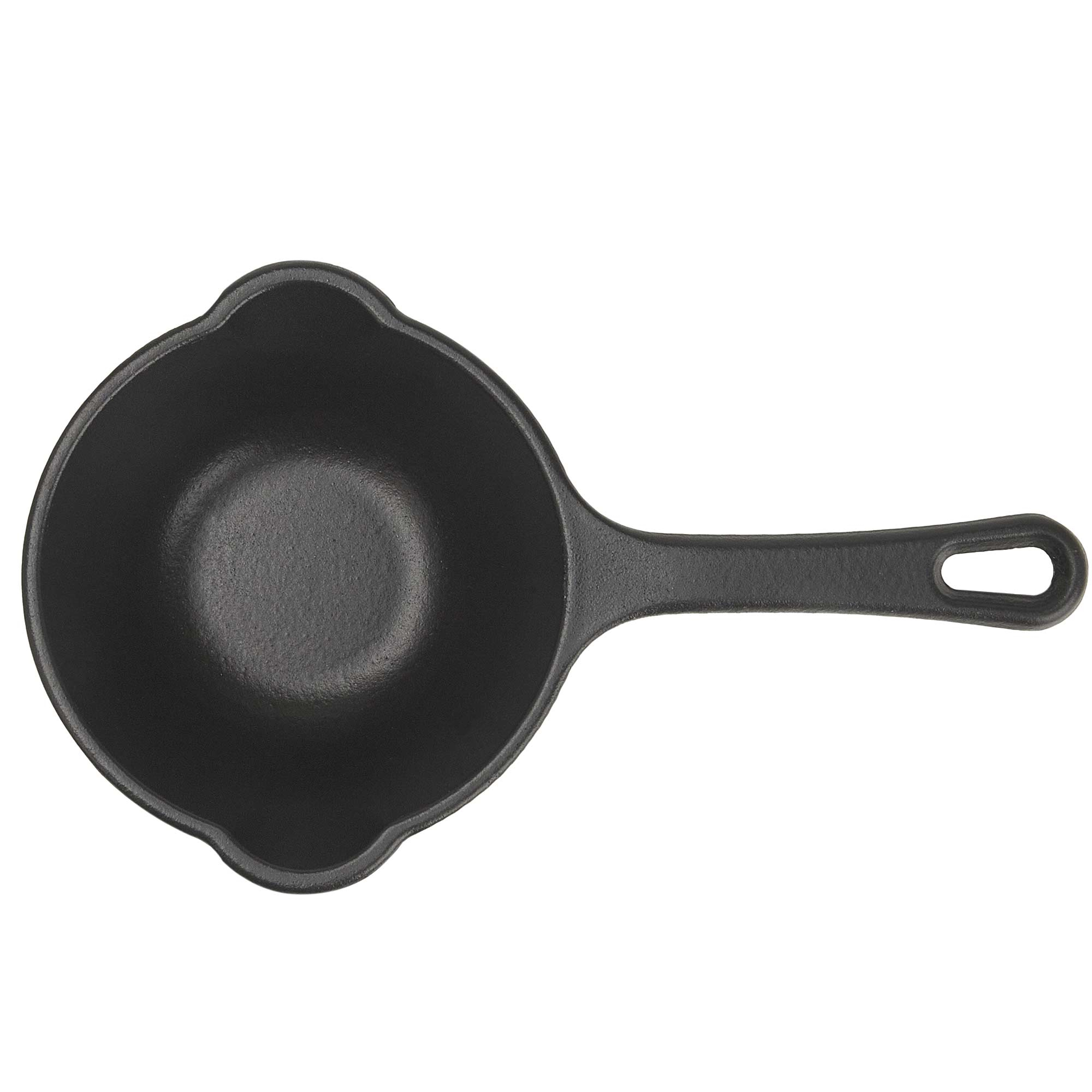 Sartén de hierro fundido negro con asa. Vista superior, aislada en blanco, con zona de cocción redonda.