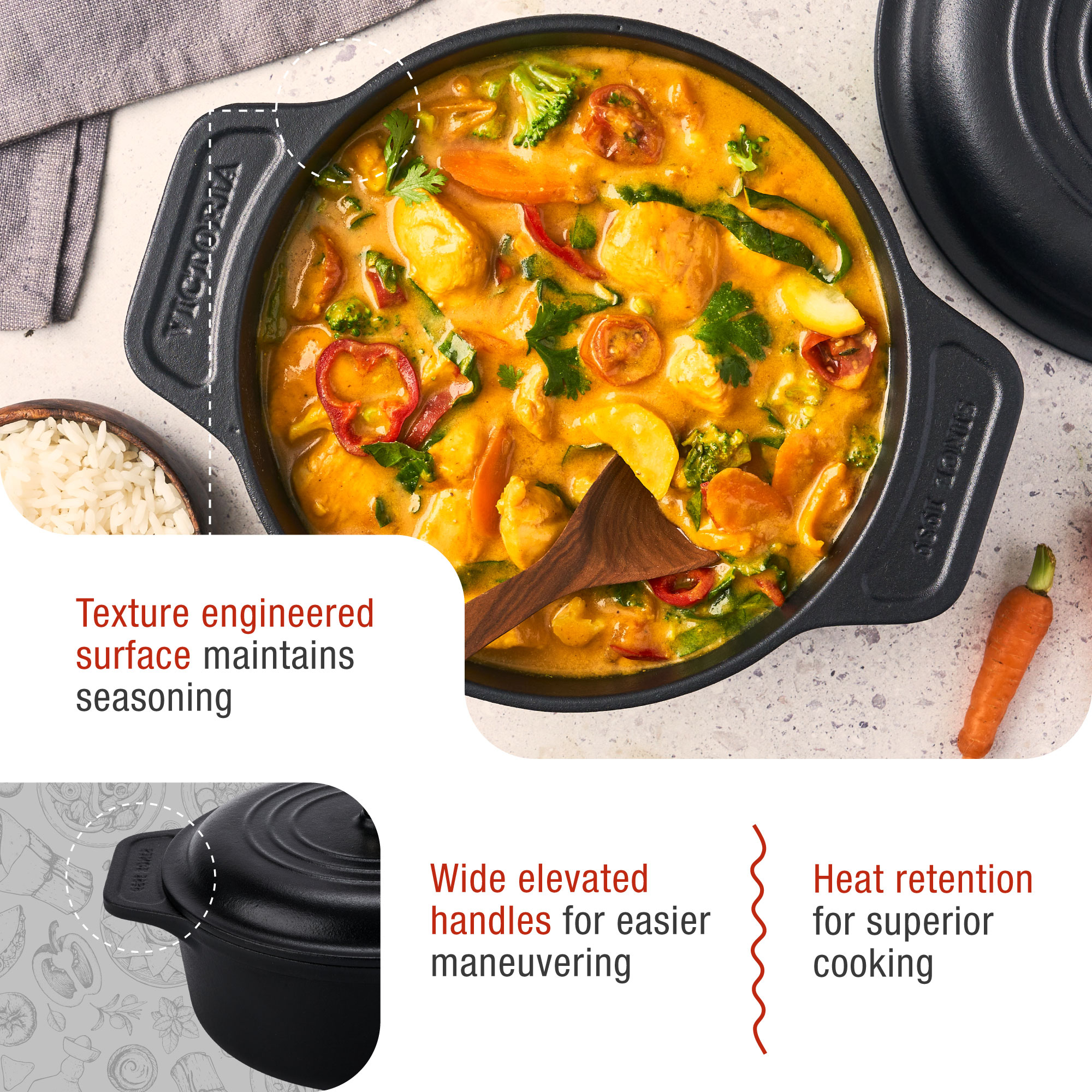 Olla de hierro fundido negro con comida, rodeada de texto y zanahoria.